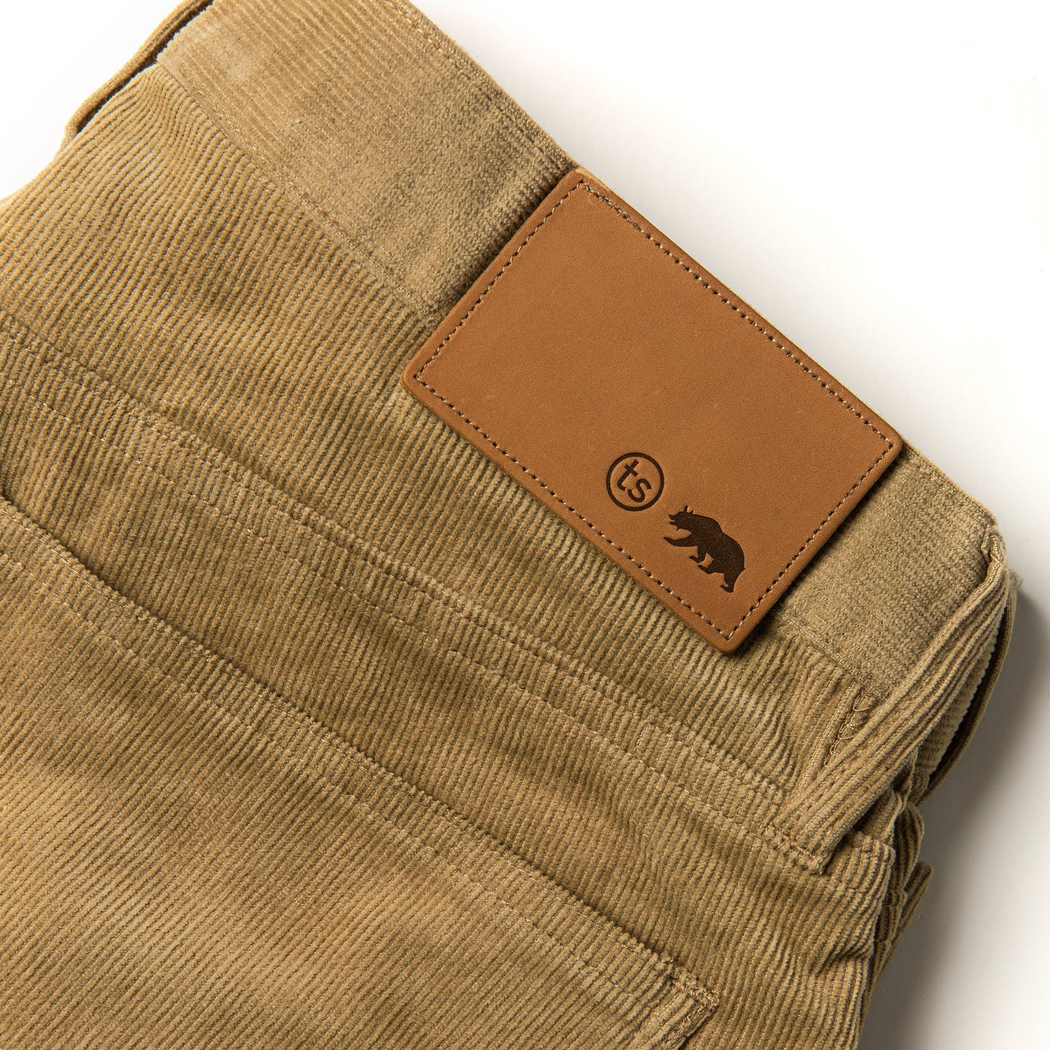 material shot of leather tab, Bottoms by Taylor Stitch