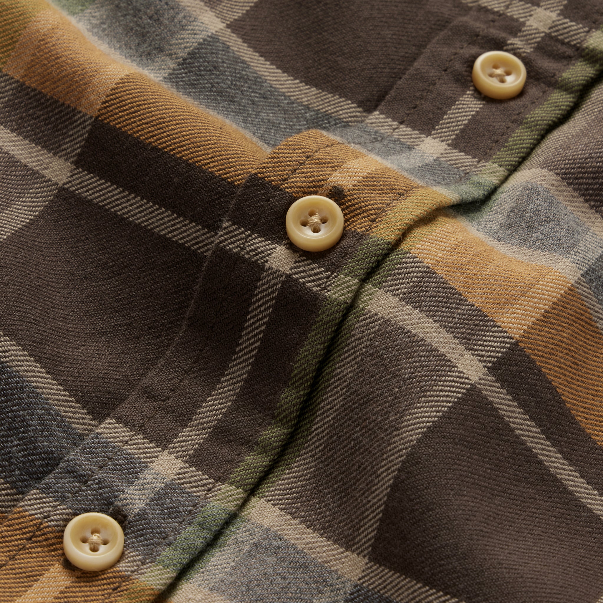 material shot of the buttons on The California in Zephyr Plaid, Wovens by Taylor Stitch