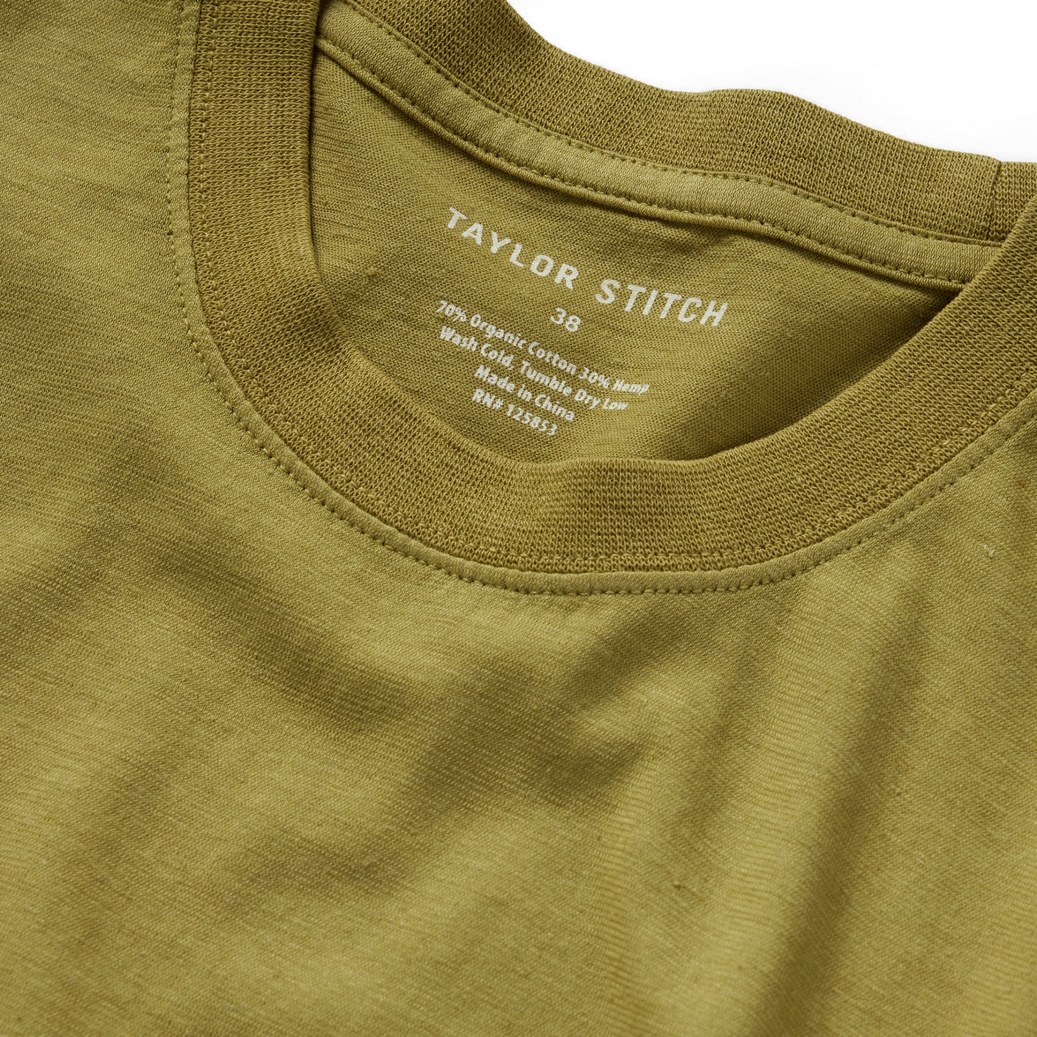 material shot of the collar on The Cotton Hemp Tee in Juniper, Knits by Taylor Stitch
