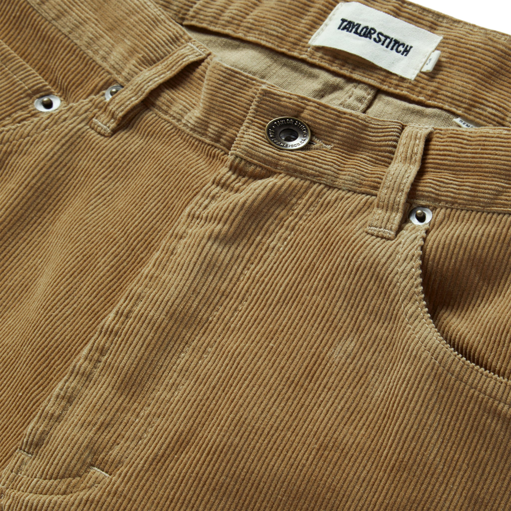 material shot of the button fly of The Democratic All Day Pant in Khaki Cord, Bottoms by Taylor Stitch