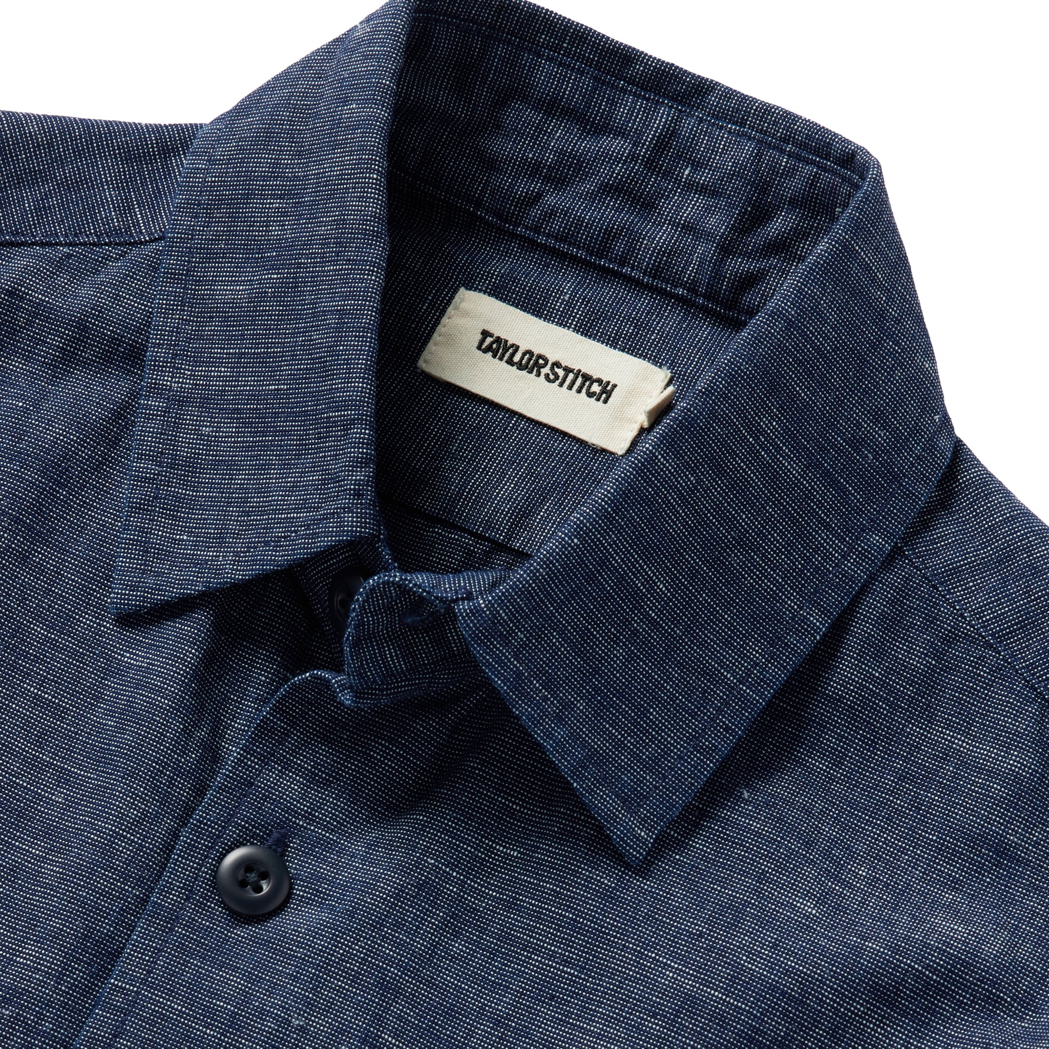 material shot of the collar on The Point Shirt in Indigo Slub, Wovens by Taylor Stitch
