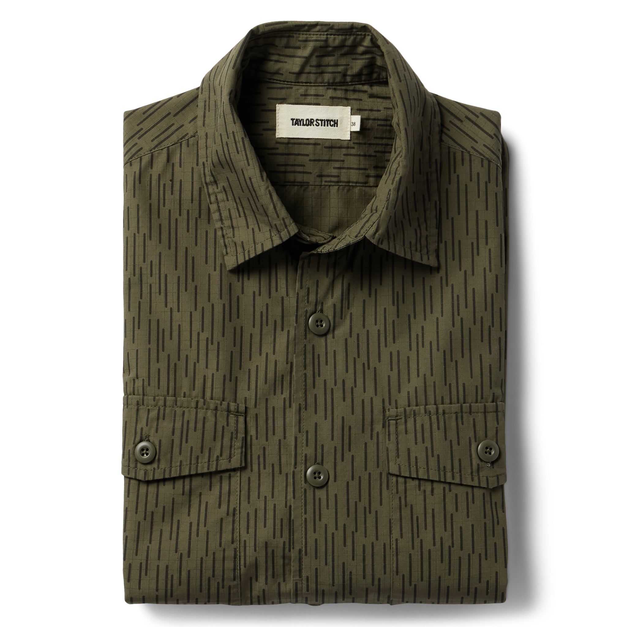 flatlay of The Point Shirt in Rain Drop Camo folded, Wovens by Taylor Stitch