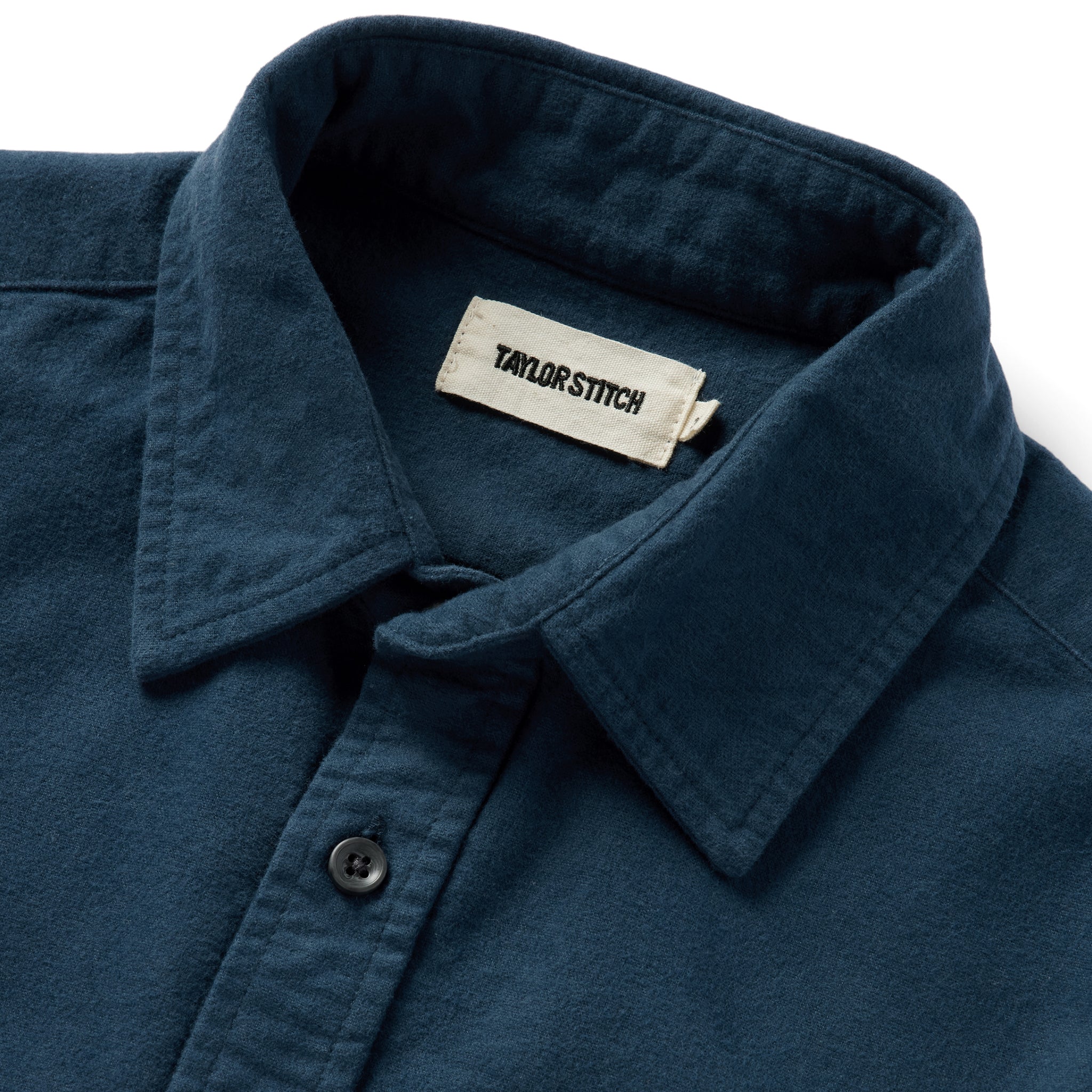 material shot of the collar of The Yosemite in Prussian Blue, Wovens by Taylor Stitch