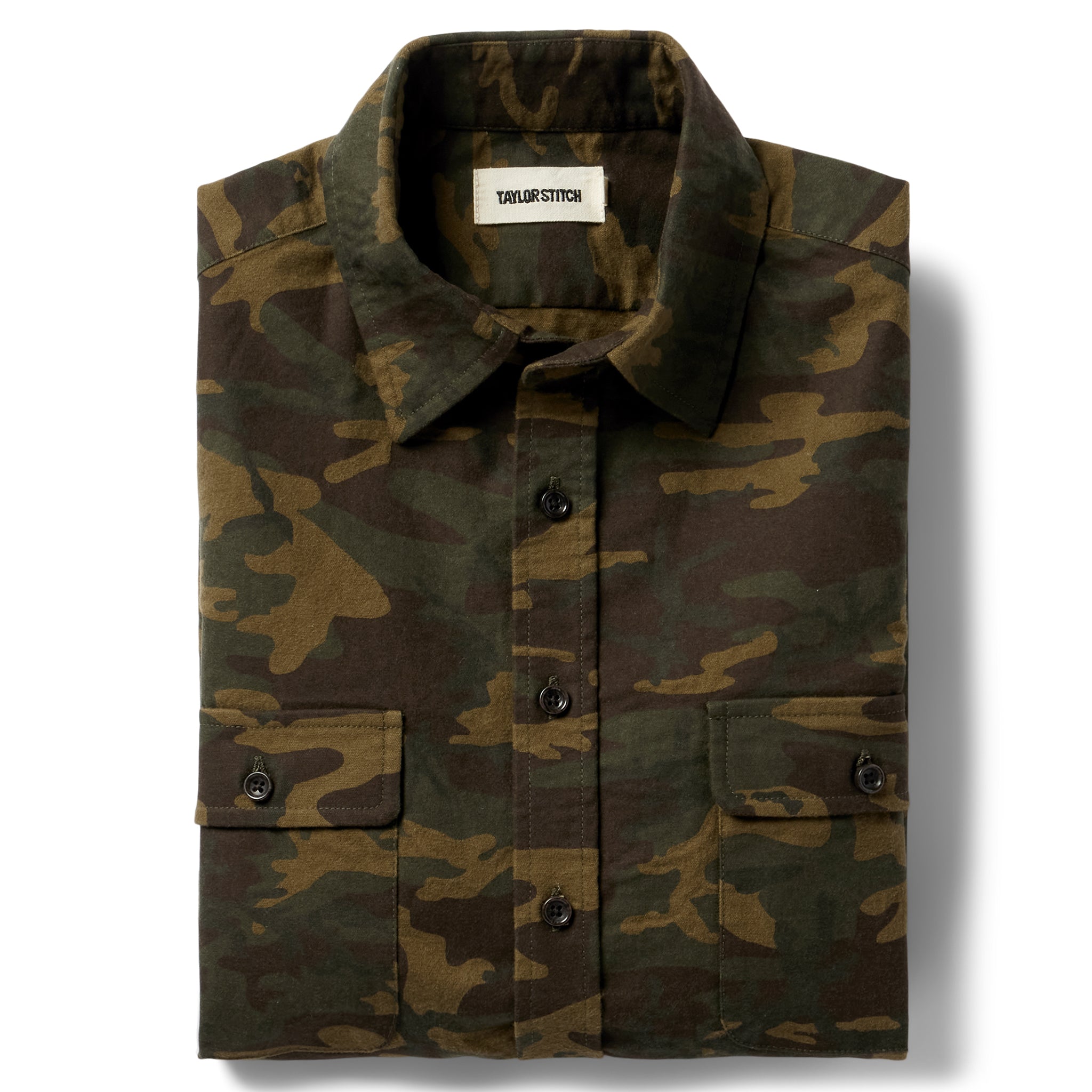 flatlay of The Yosemite Shirt in Trail Camo folded, Wovens by Taylor Stitch