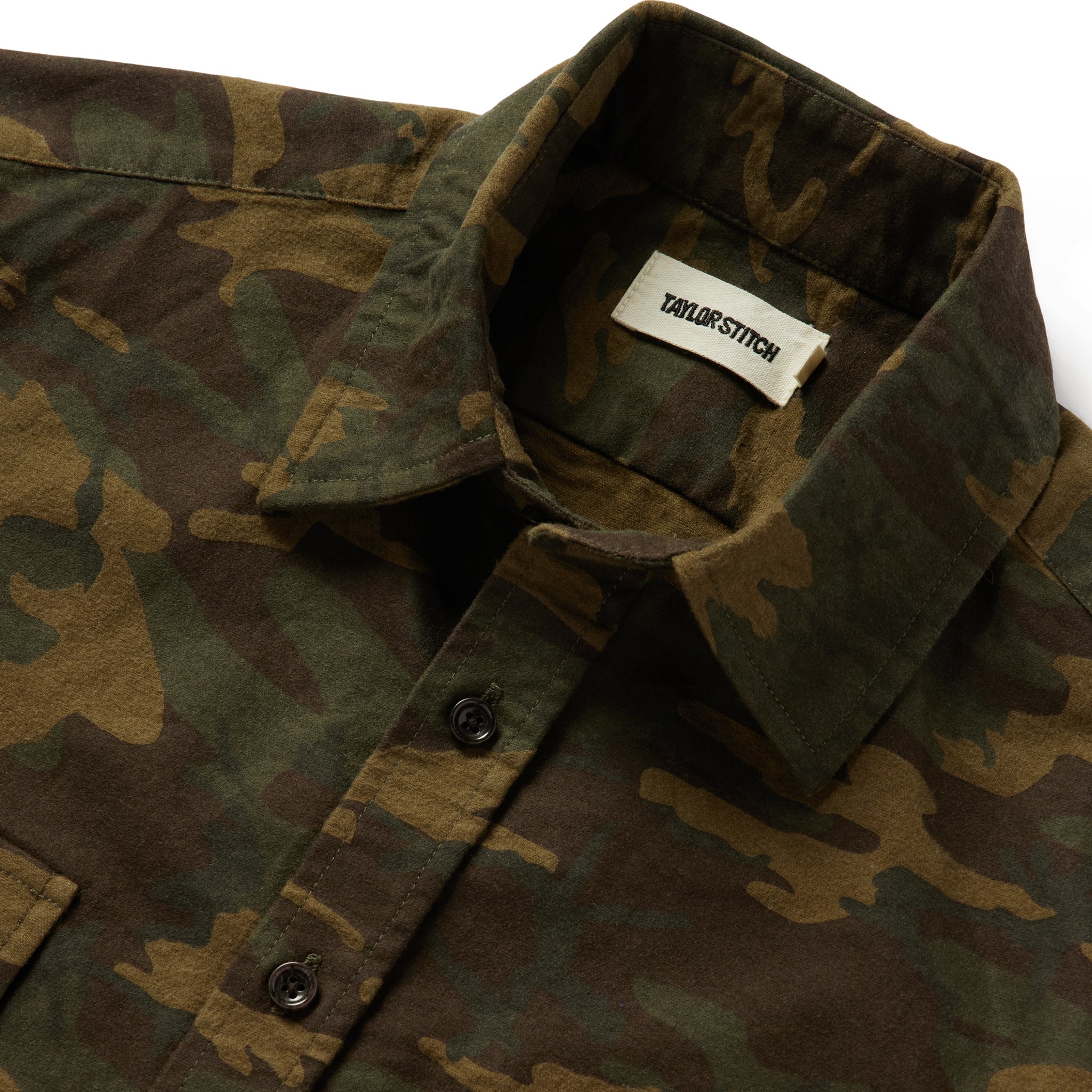 material shot of the collar on The Yosemite Shirt in Trail Camo, Wovens by Taylor Stitch