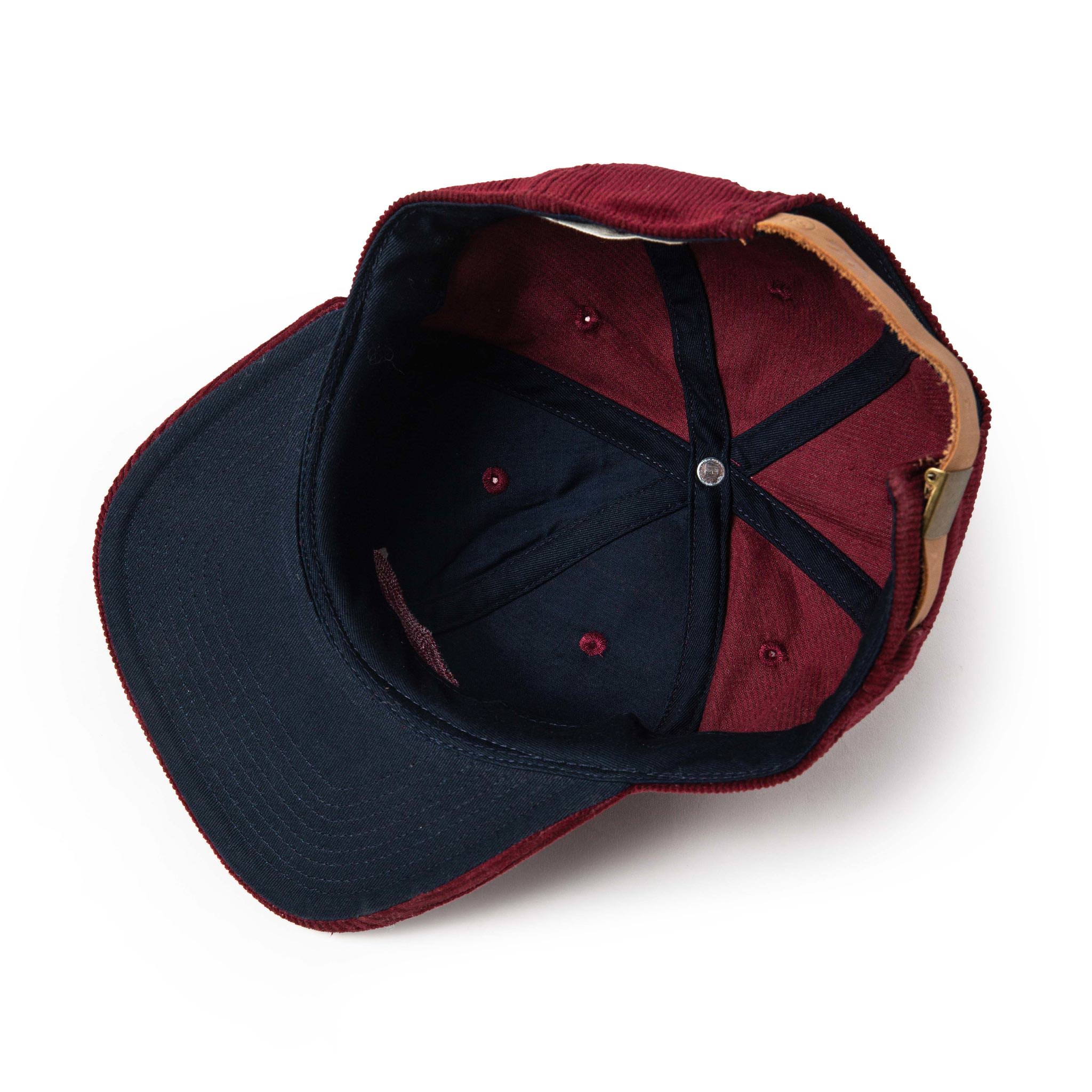 material shot of The Ball Cap in Burgundy Cord from the bottom, Accessories by Taylor Stitch