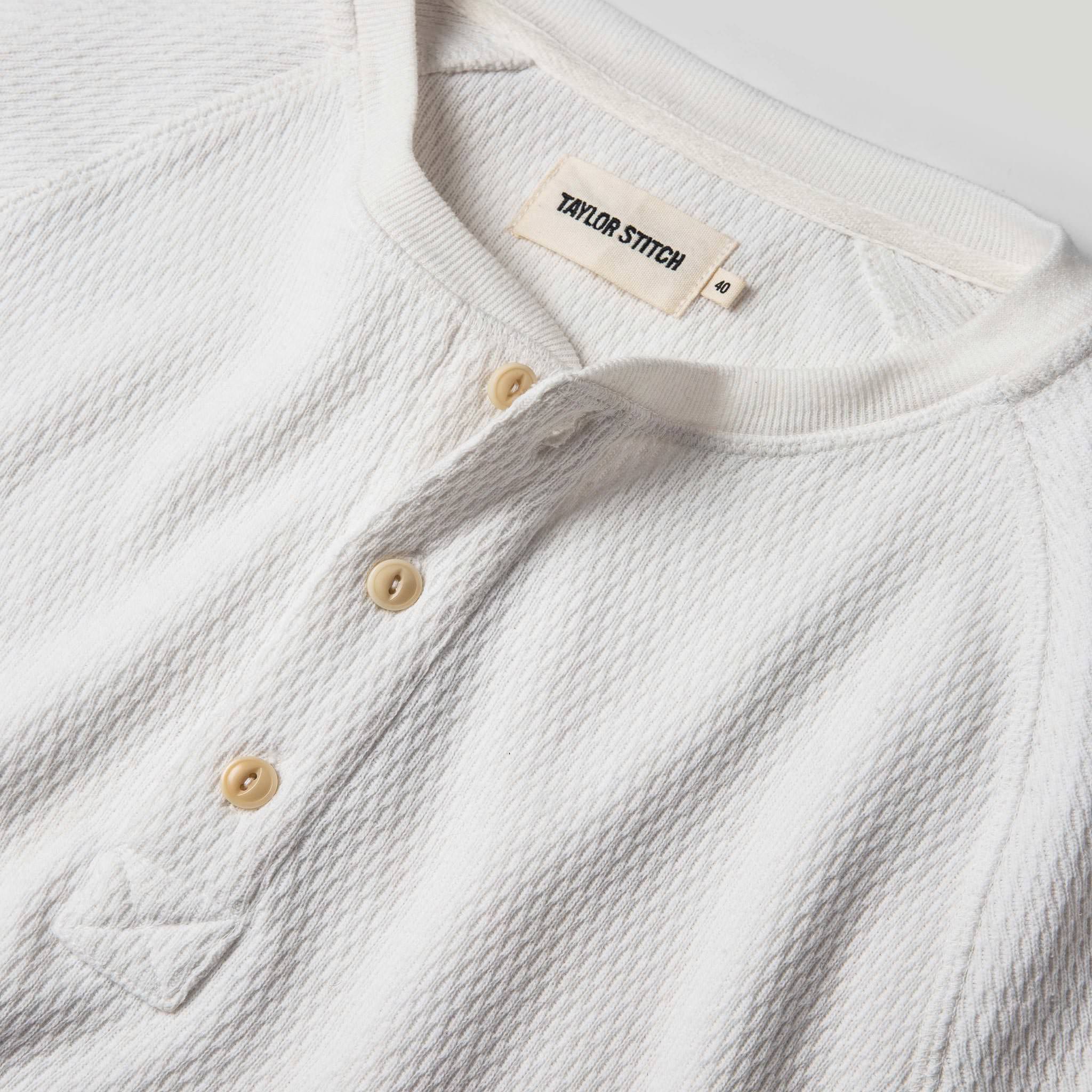 material shot of the interior collar of The Heavy Bag Waffle Henley in Natural, Knits by Taylor Stitch