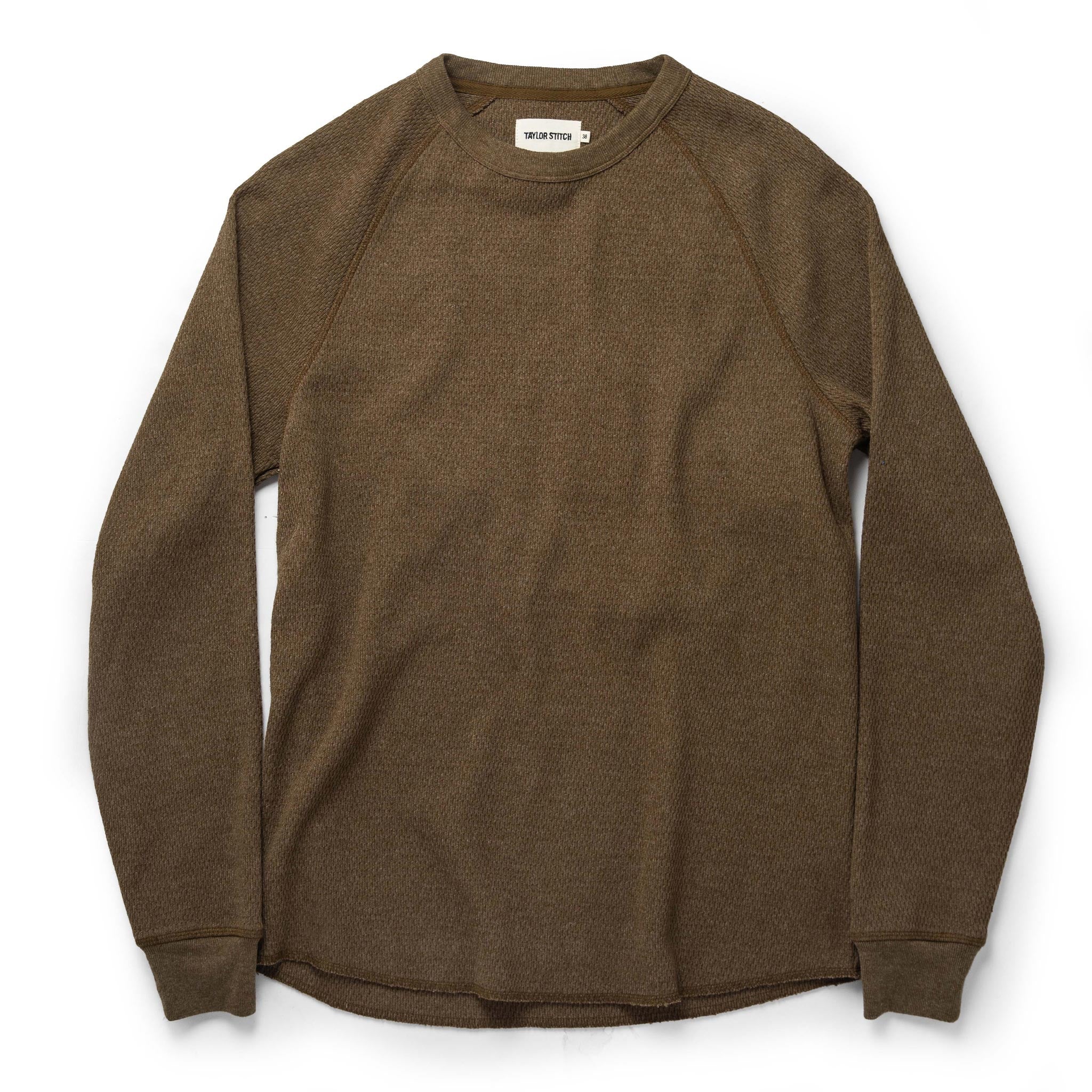 flatlay of The Heavy Bag Waffle Crewneck in Olive, Knits by Taylor Stitch