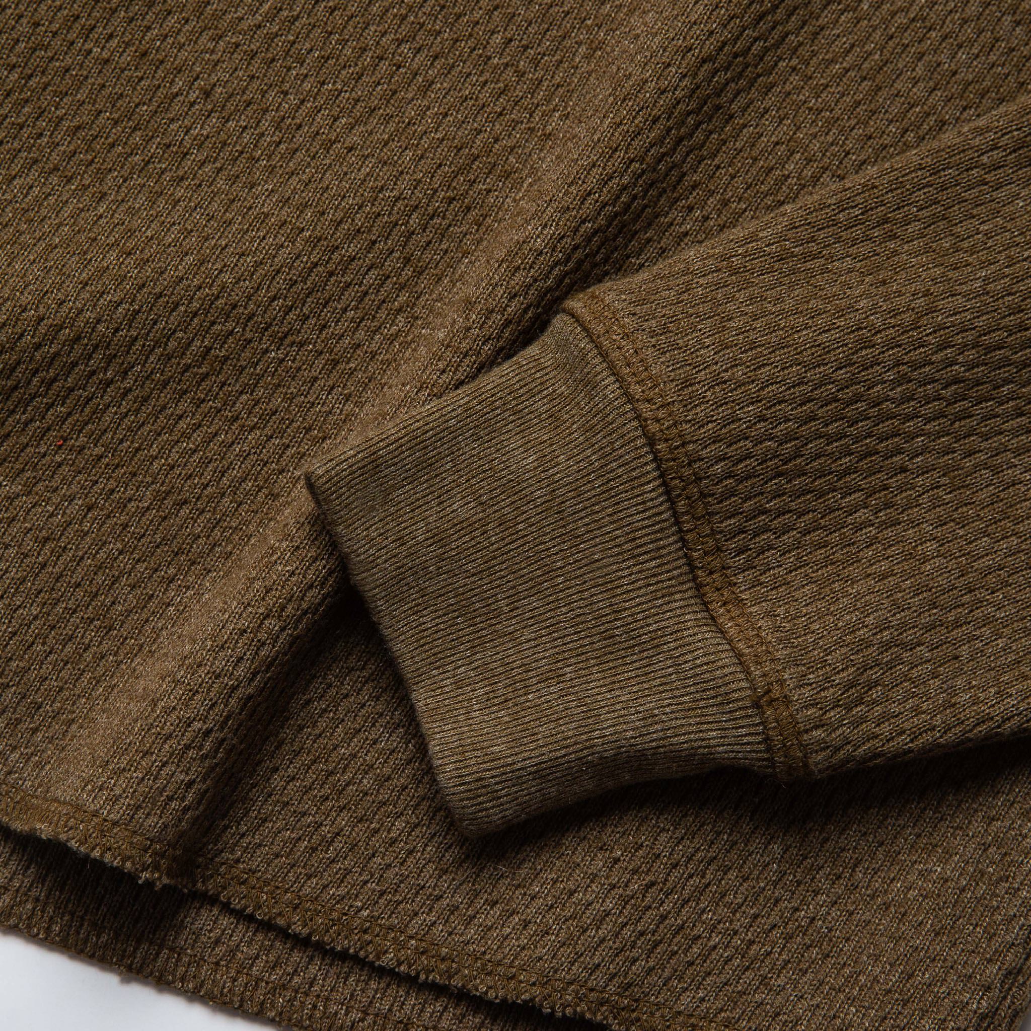 material shot of the sleeve cuff of The Heavy Bag Waffle Crewneck in Olive, Knits by Taylor Stitch