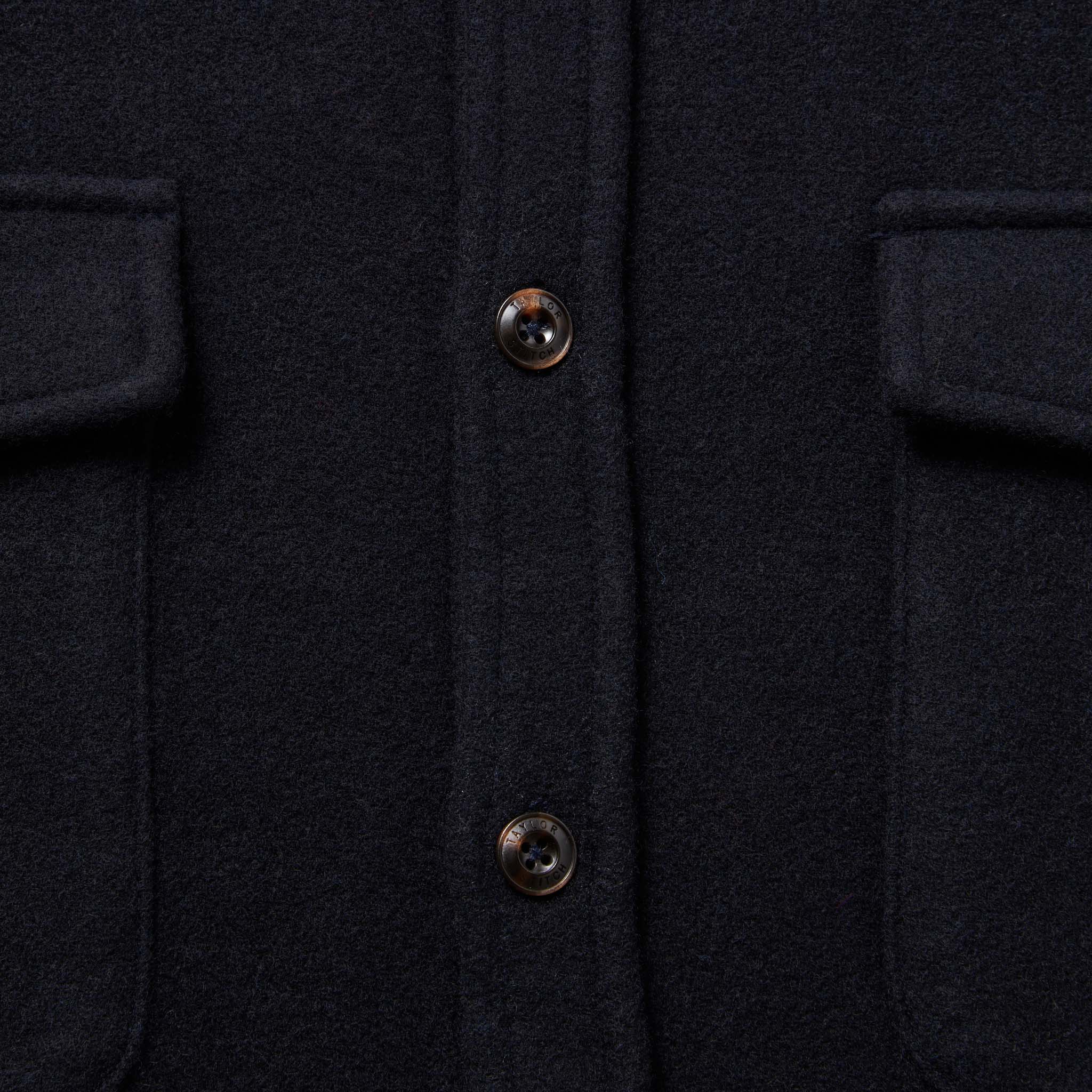 material shot of The Maritime Shirt in Navy Wool showing front placket and buttons, Wovens by Taylor Stitch