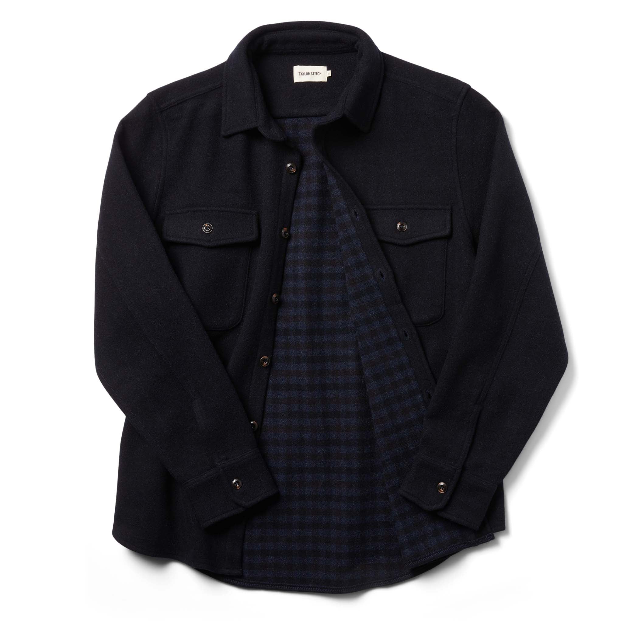 flatlay of The Maritime Shirt in Navy Wool from the front open, Wovens by Taylor Stitch