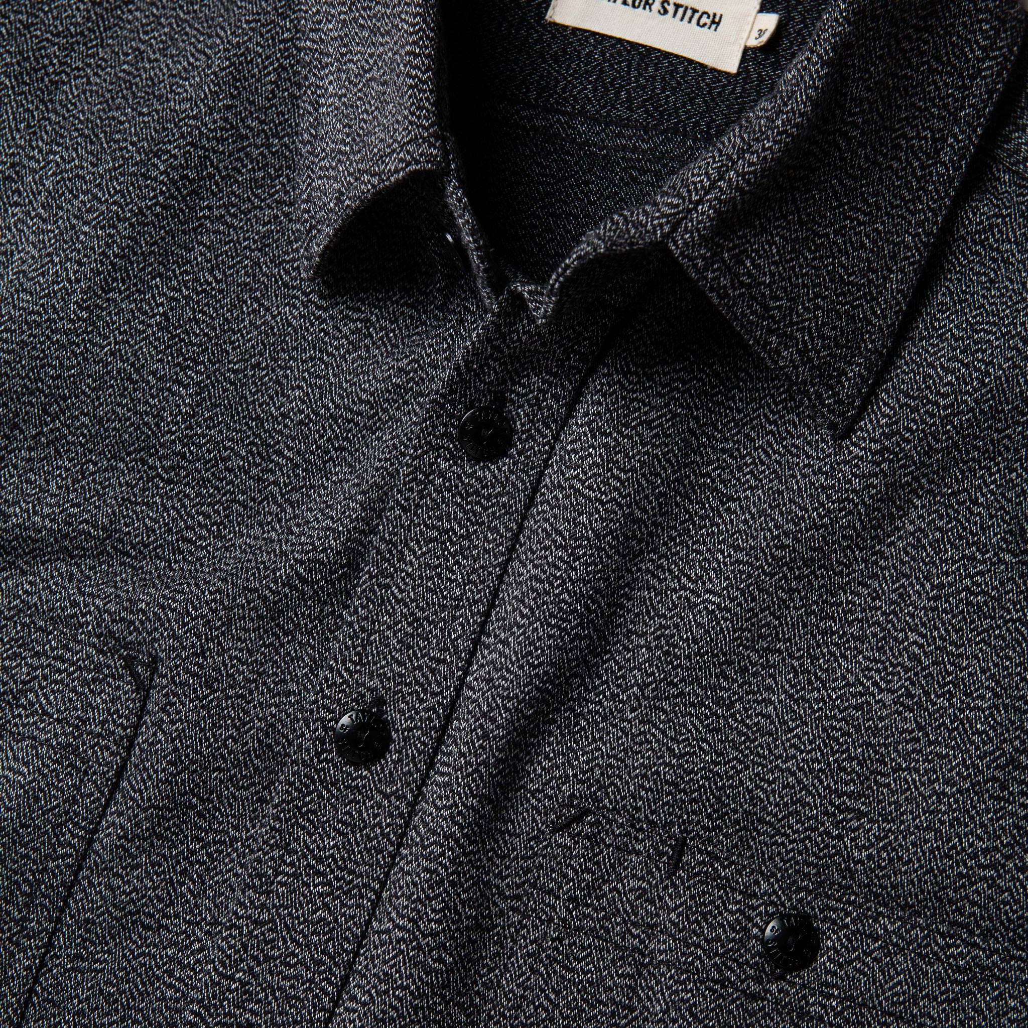 material shot of the collar of The Utility Shirt in Salt and Pepper Twill, Wovens by Taylor Stitch