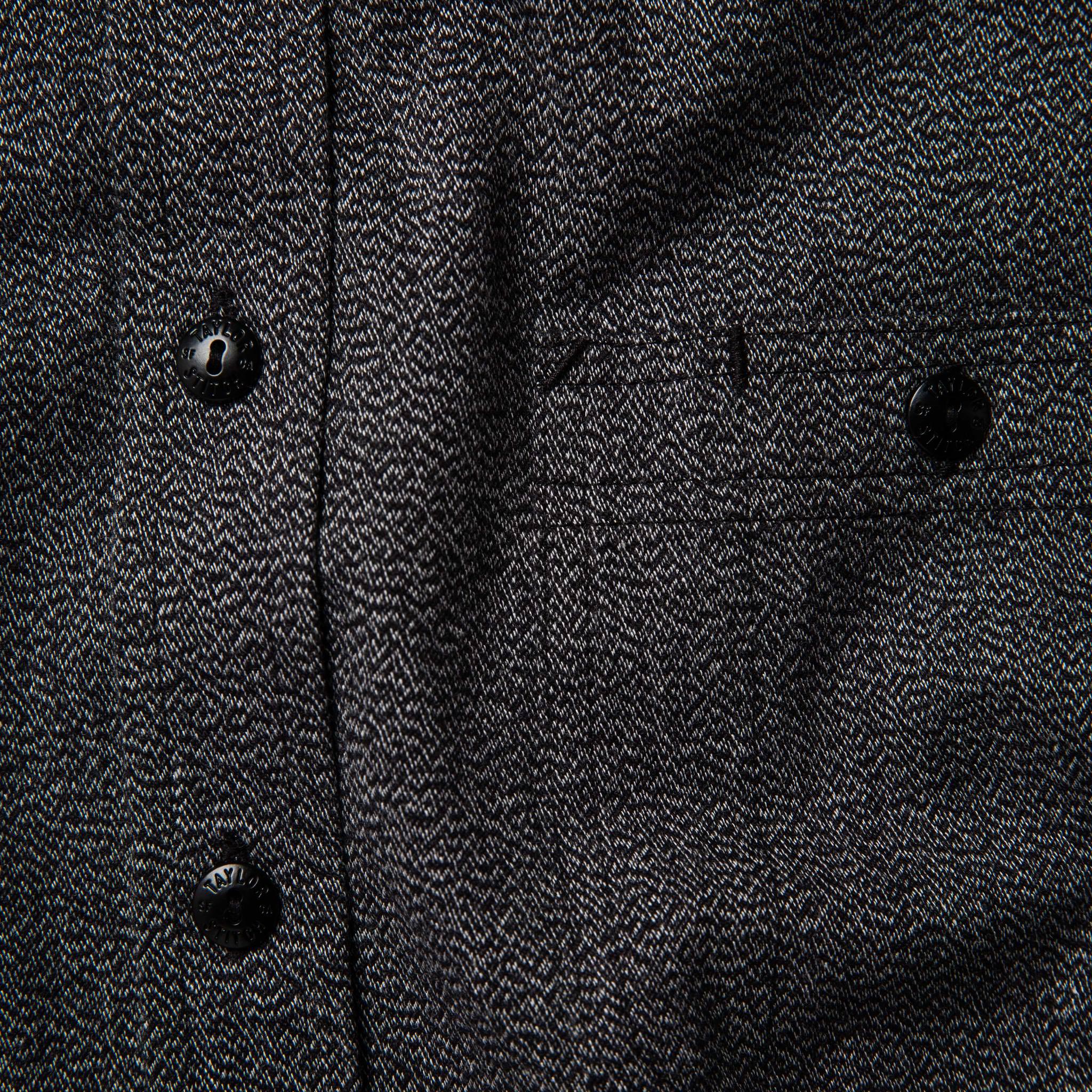 material shot of the placket of The Utility Shirt in Salt and Pepper Twill, Wovens by Taylor Stitch