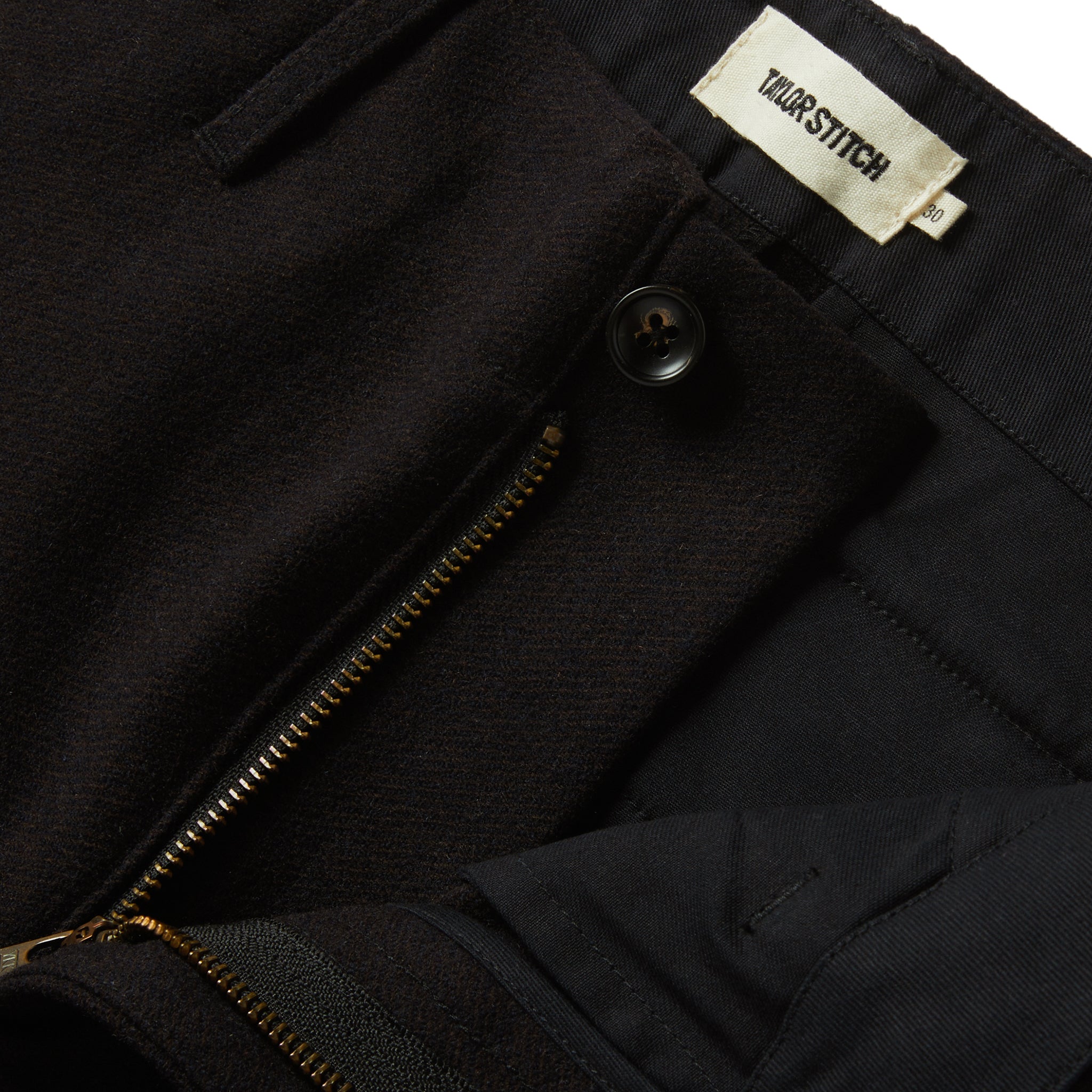 material shot of the fly on The Carnegie Pant in Espresso Wool, Bottoms by Taylor Stitch