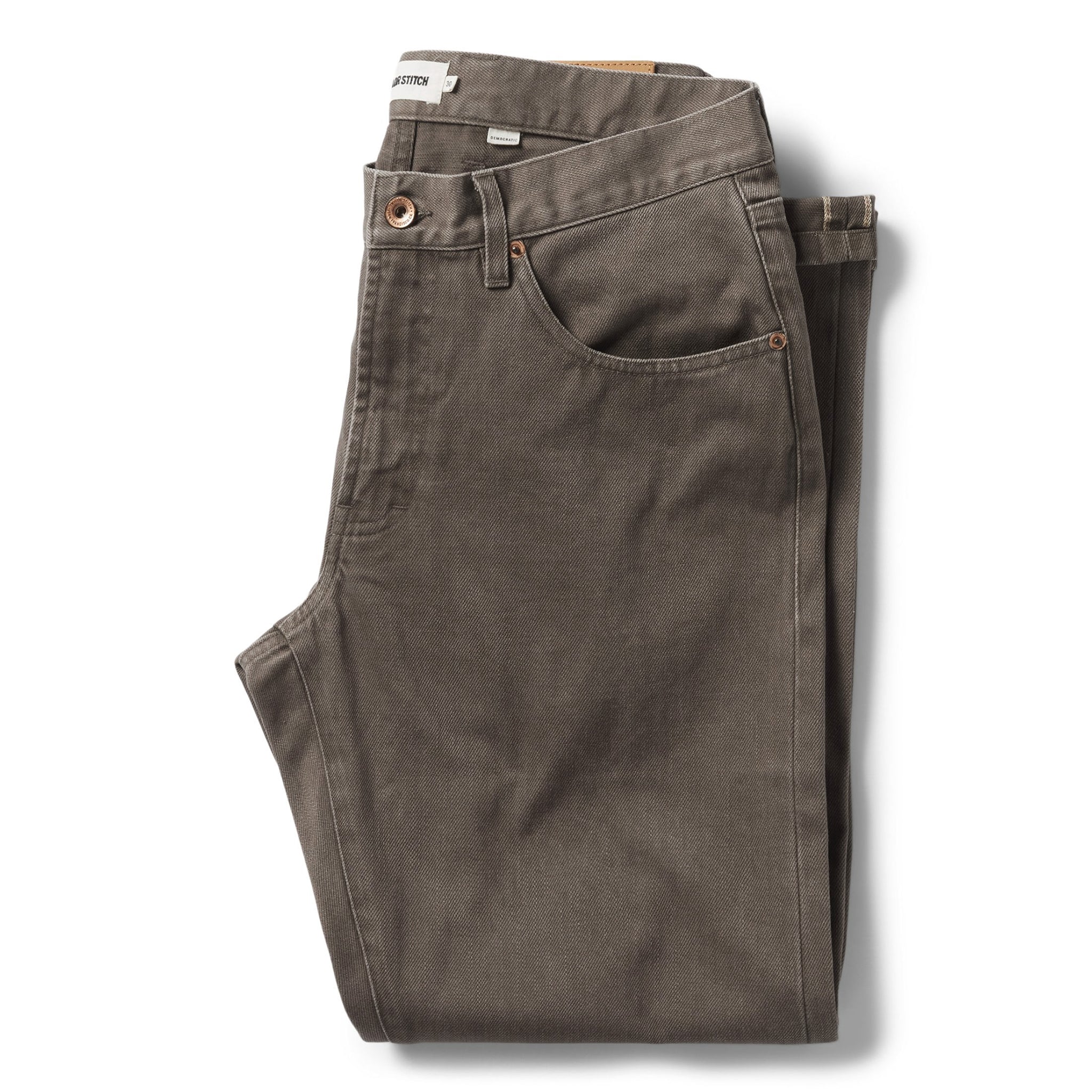 flatlay of The Democratic All Day Pant in Washed Walnut Selvage, Bottoms by Taylor Stitch