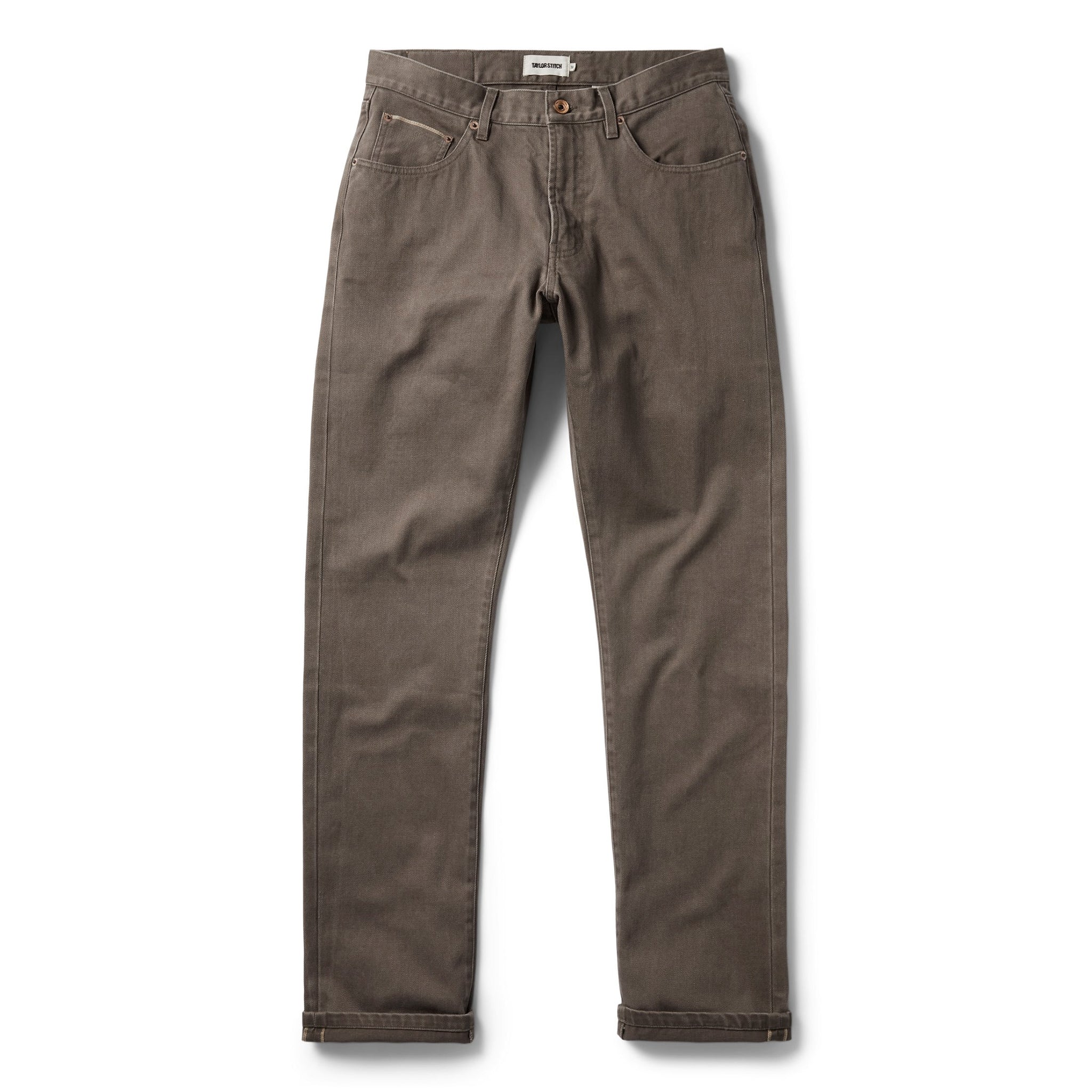 flatlay of The Democratic All Day Pant in Washed Walnut Selvage, shown in full, Bottoms by Taylor Stitch