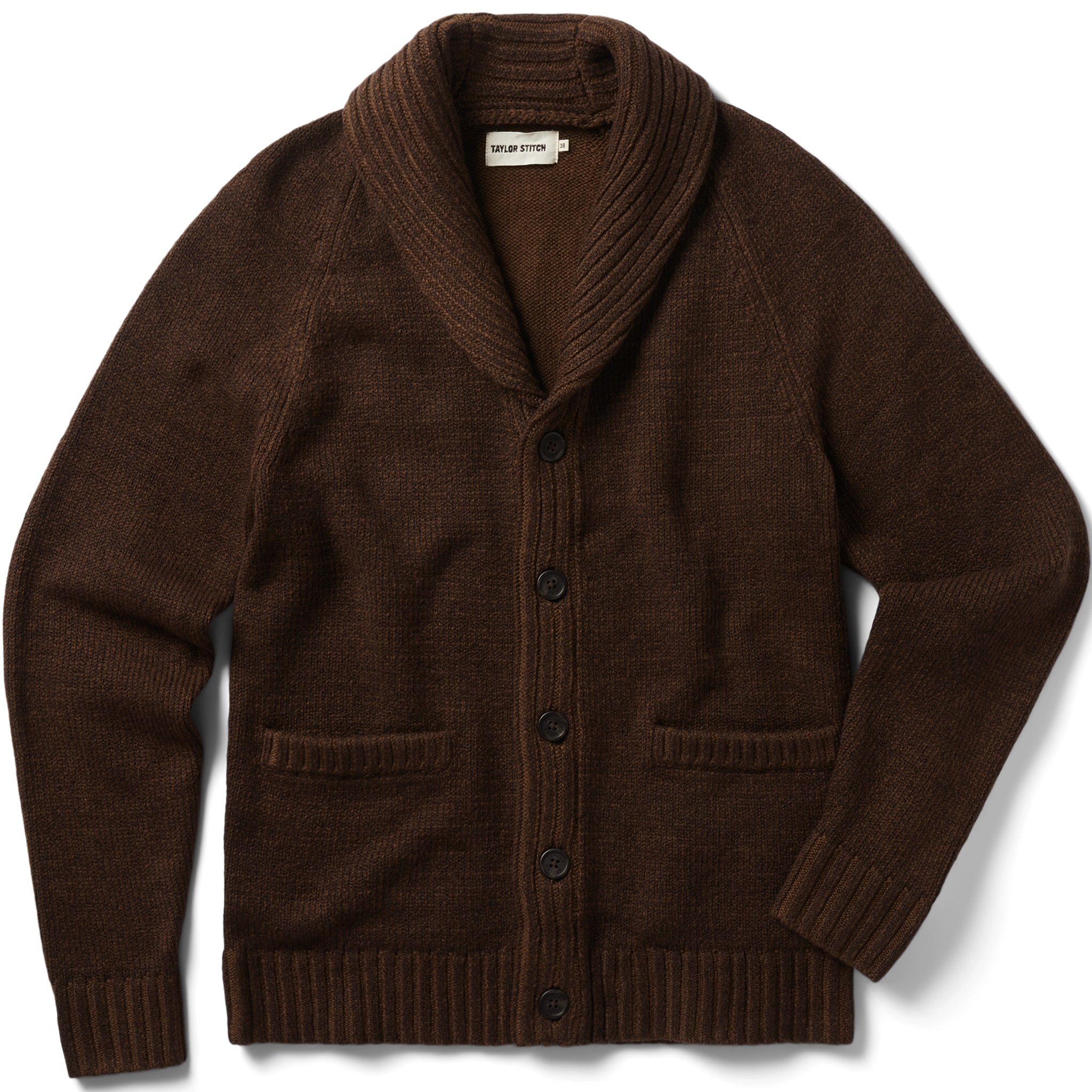 flatlay of The Headland Shawl Cardigan in Marled Chocolate, Knits by Taylor Stitch