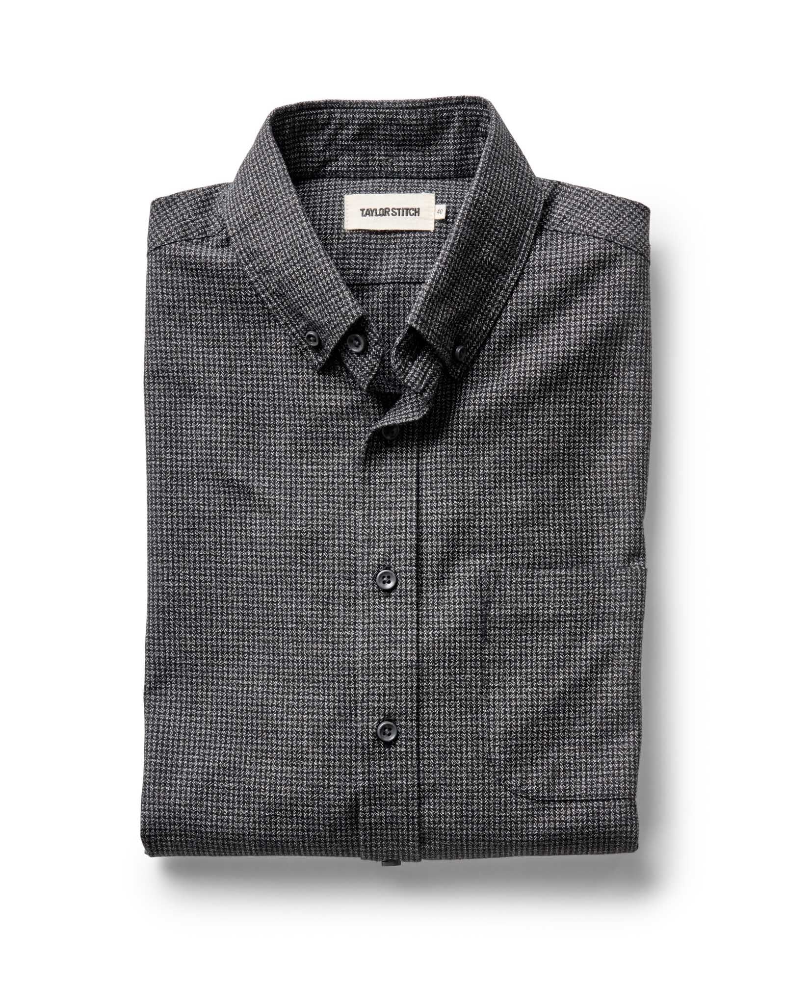 flatlay of The Jack in Coal Jaspe Check Oxford folded, Wovens by Taylor Stitch
