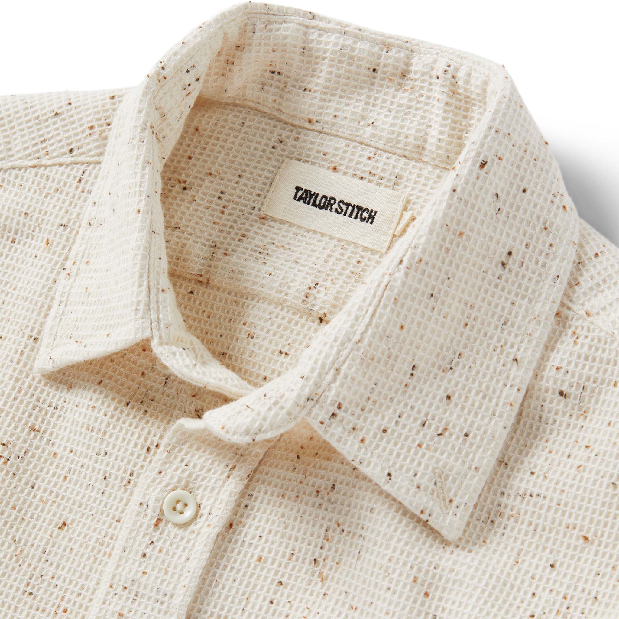 material shot of the collar on The Jack in Natural Jaspe Waffle, Wovens by Taylor Stitch