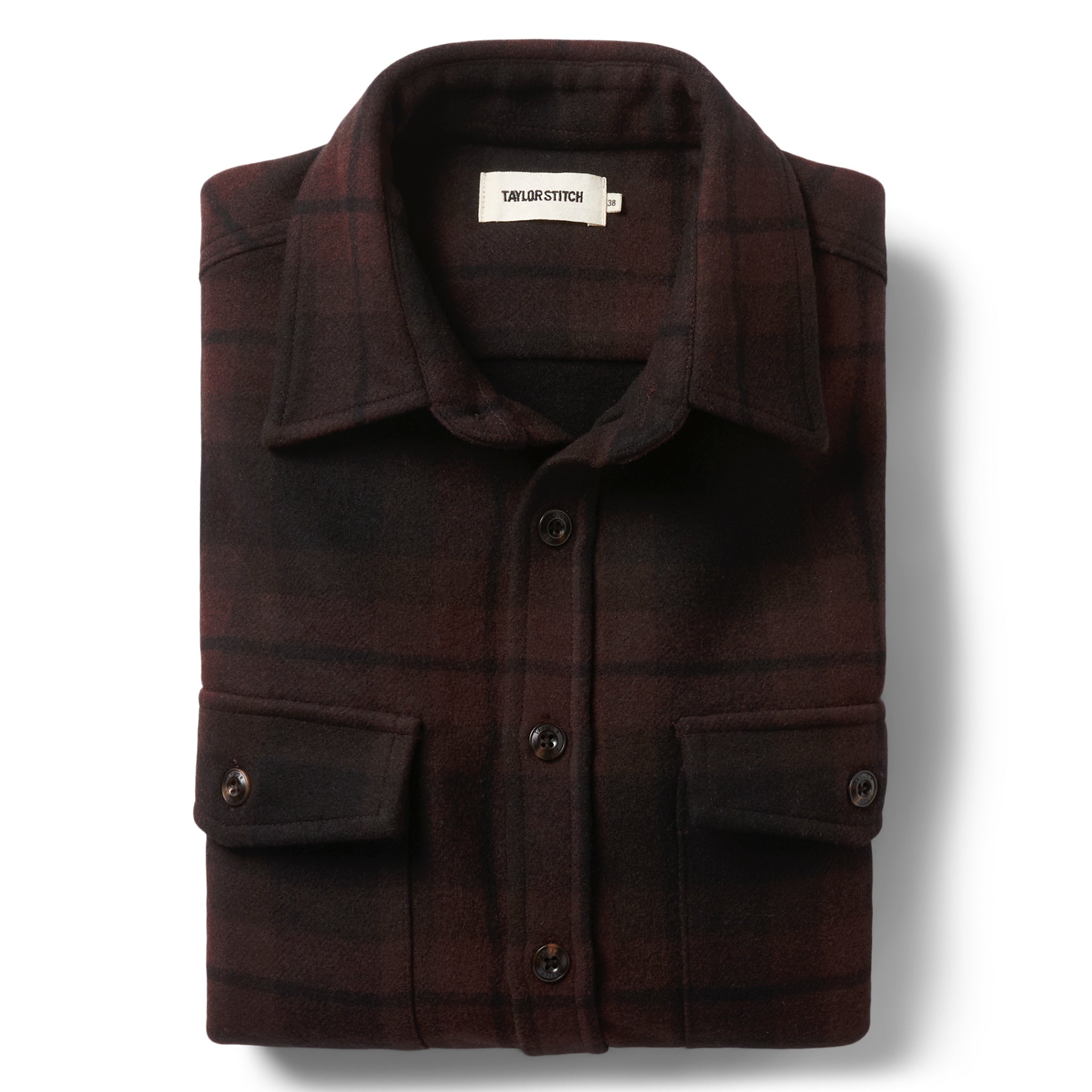flatlay of The Maritime Shirt Jacket in Carson Plaid folded, Wovens by Taylor Stitch