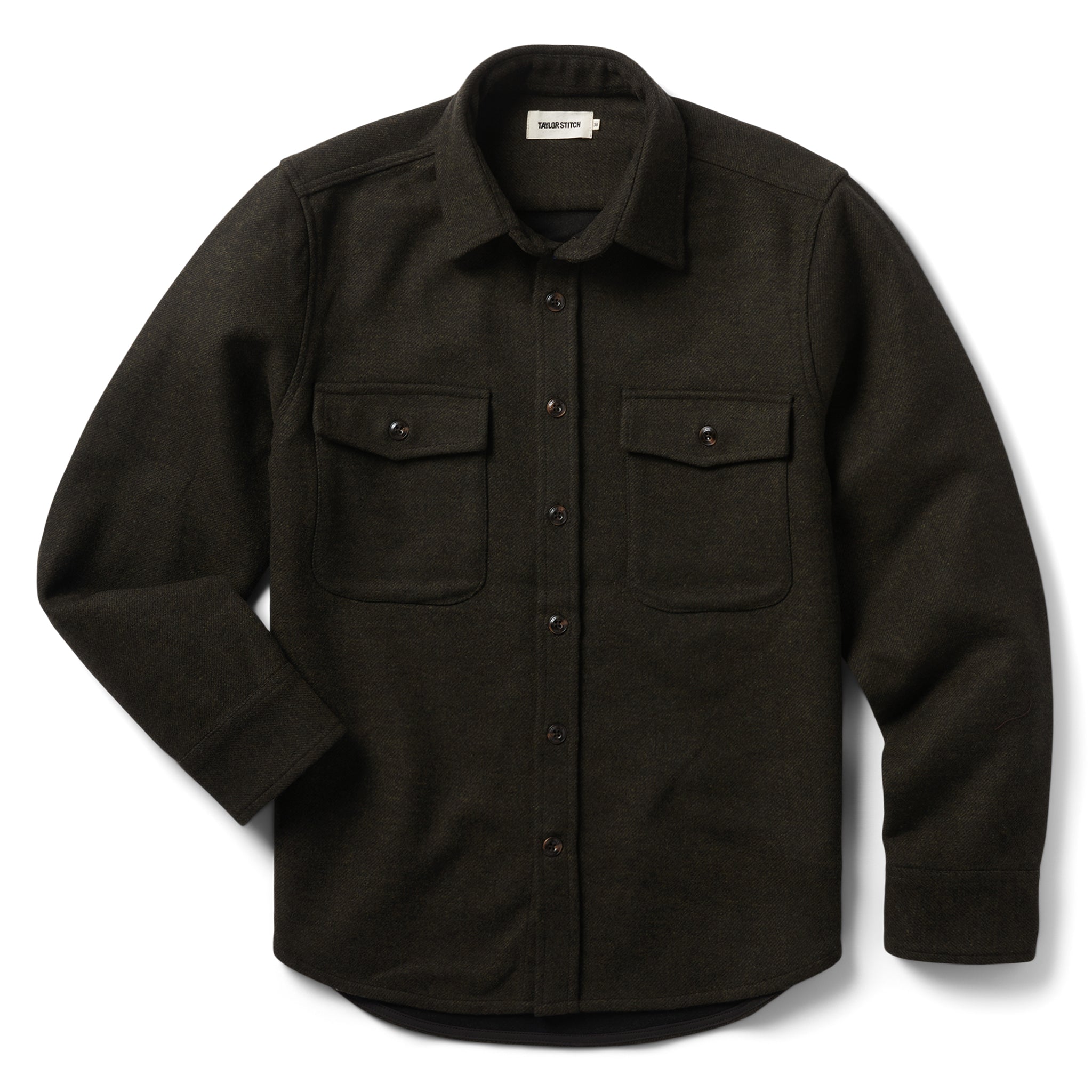 flatlay of The Maritime Shirt Jacket in Evergreen Twill, Wovens by Taylor Stitch