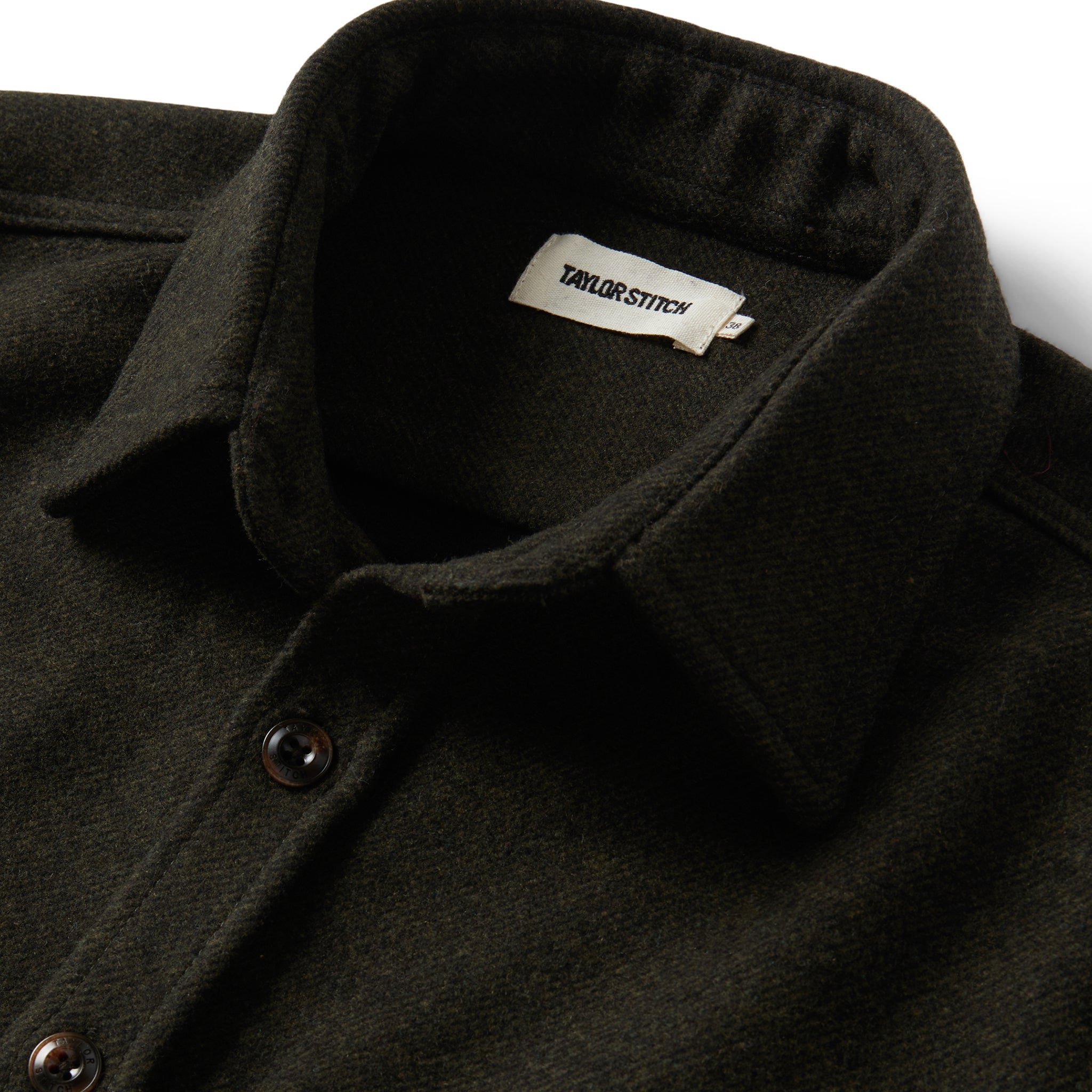 material shot of the collar on The Maritime Shirt Jacket in Evergreen Twill, Wovens by Taylor Stitch