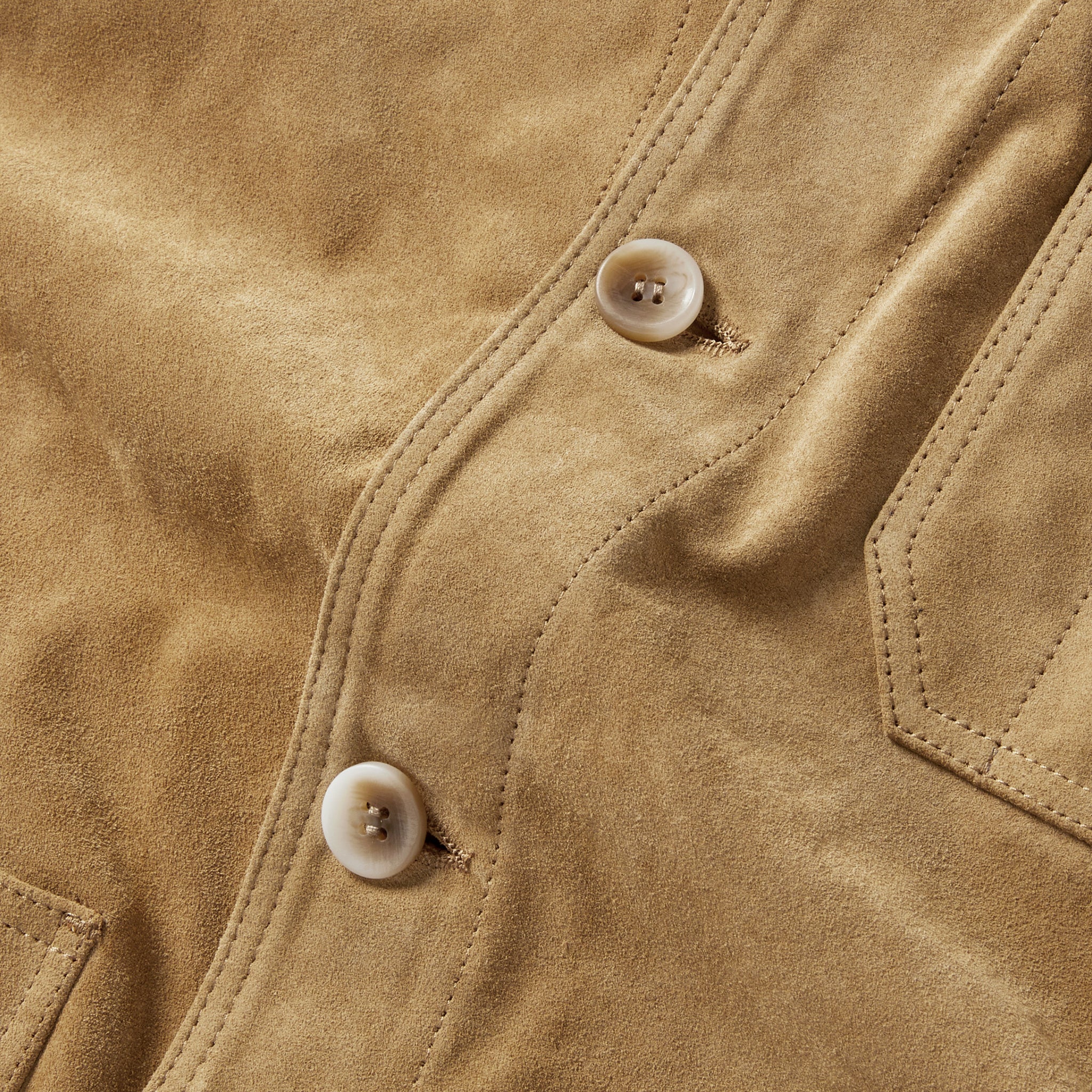 material shot of the buttons on The Ojai Jacket in Cognac Suede, Outerwear by Taylor Stitch