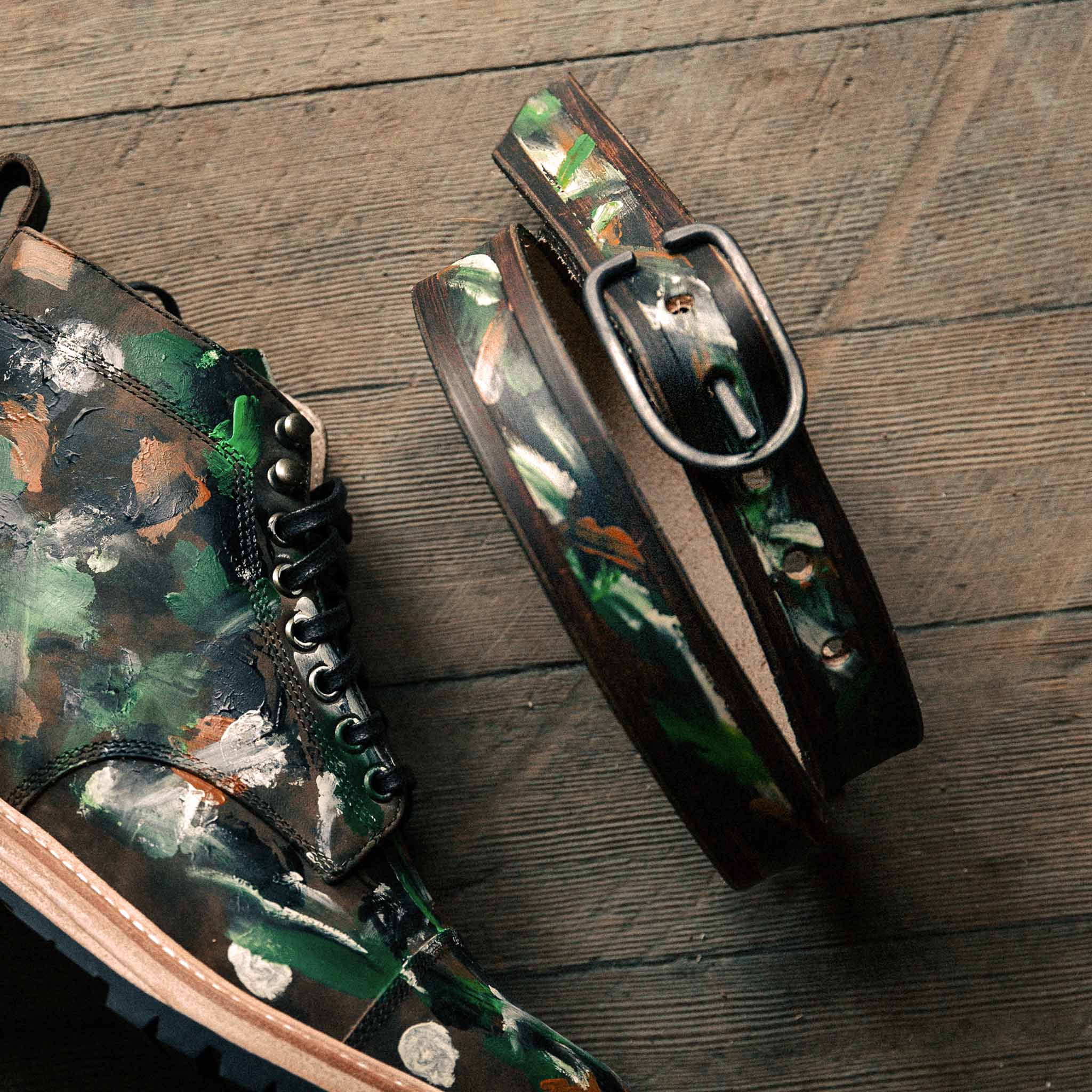 shot of The Stitched Belt in Jungle Stripe next to the trench boot, Accessories by Taylor Stitch