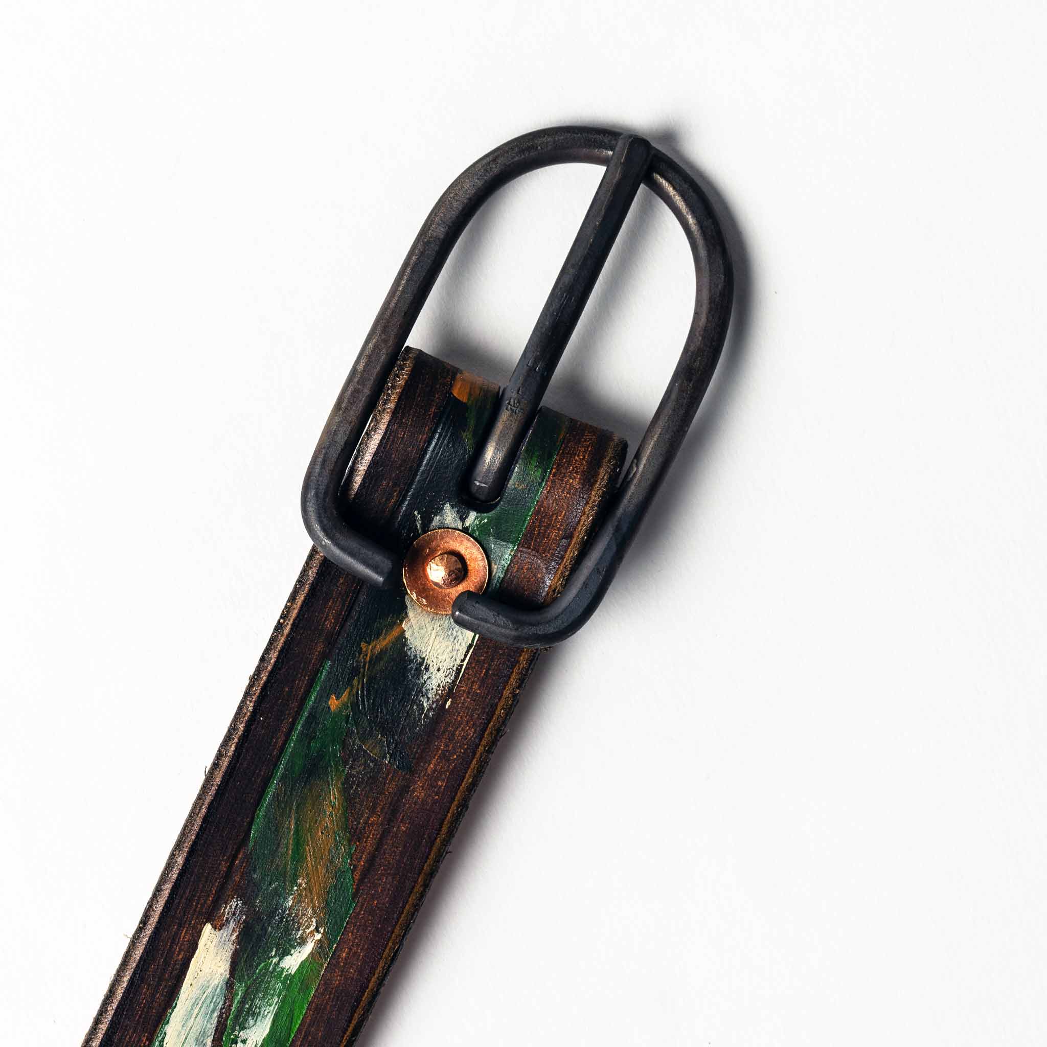studio shot of the buckle of The Stitched Belt in Jungle Stripe, Accessories by Taylor Stitch
