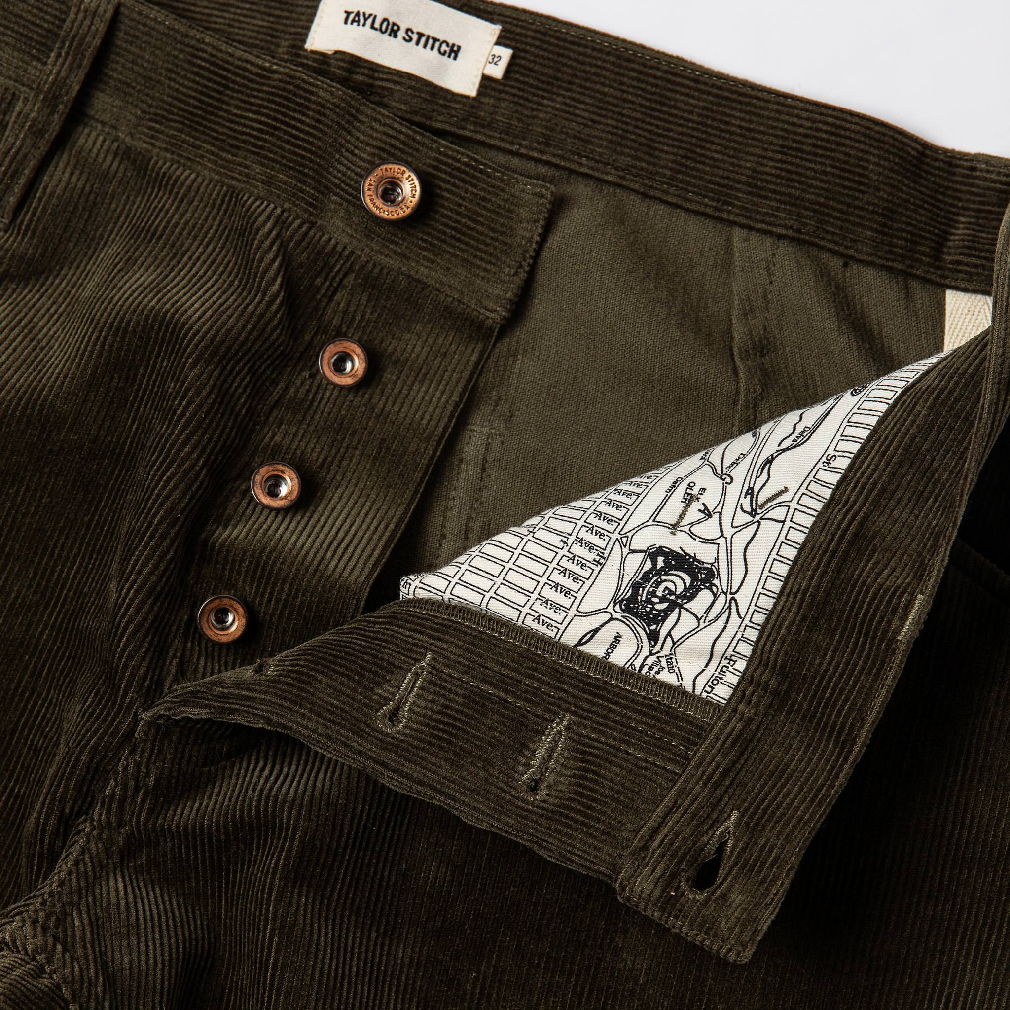 material shot of buttons and map interior , Bottoms by Taylor Stitch