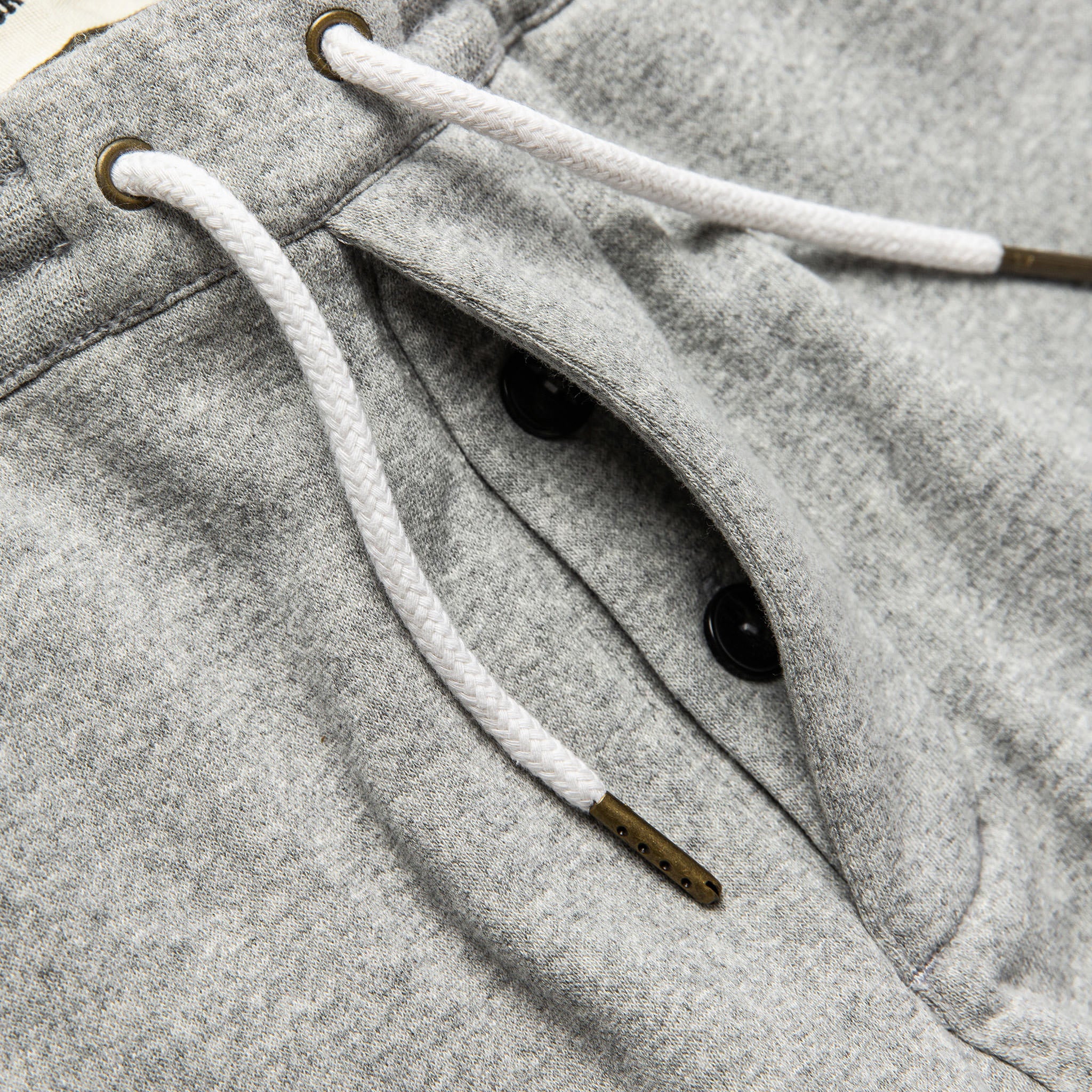 material shot of The Heavy Bag Pant in Heather Grey Fleece's hidden button fly, Pants by Taylor Stitch