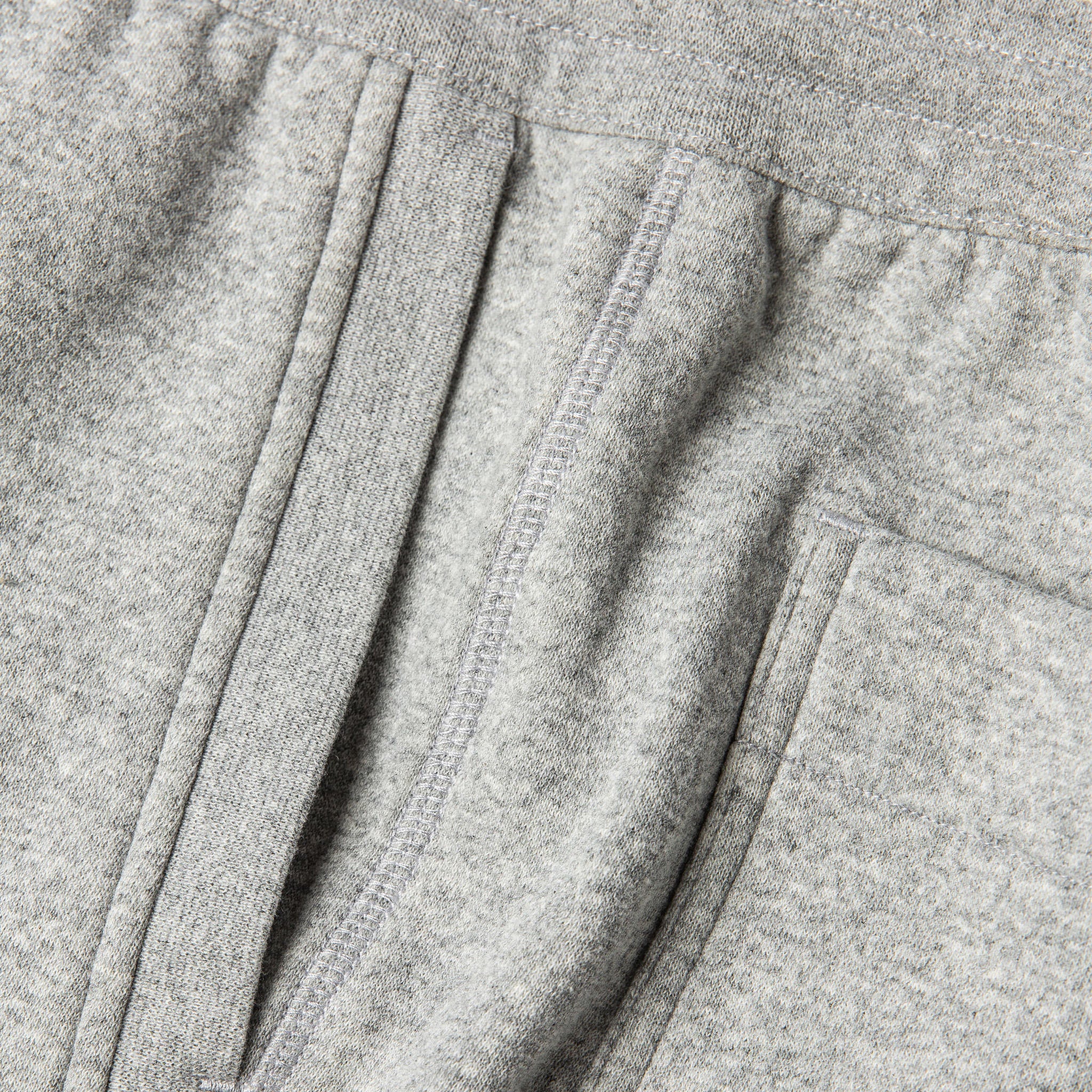 material shot of The Heavy Bag Pant in Heather Grey Fleece's side seam showing diversity of knit stitching and ribbing details throughout, Pants by Taylor Stitch