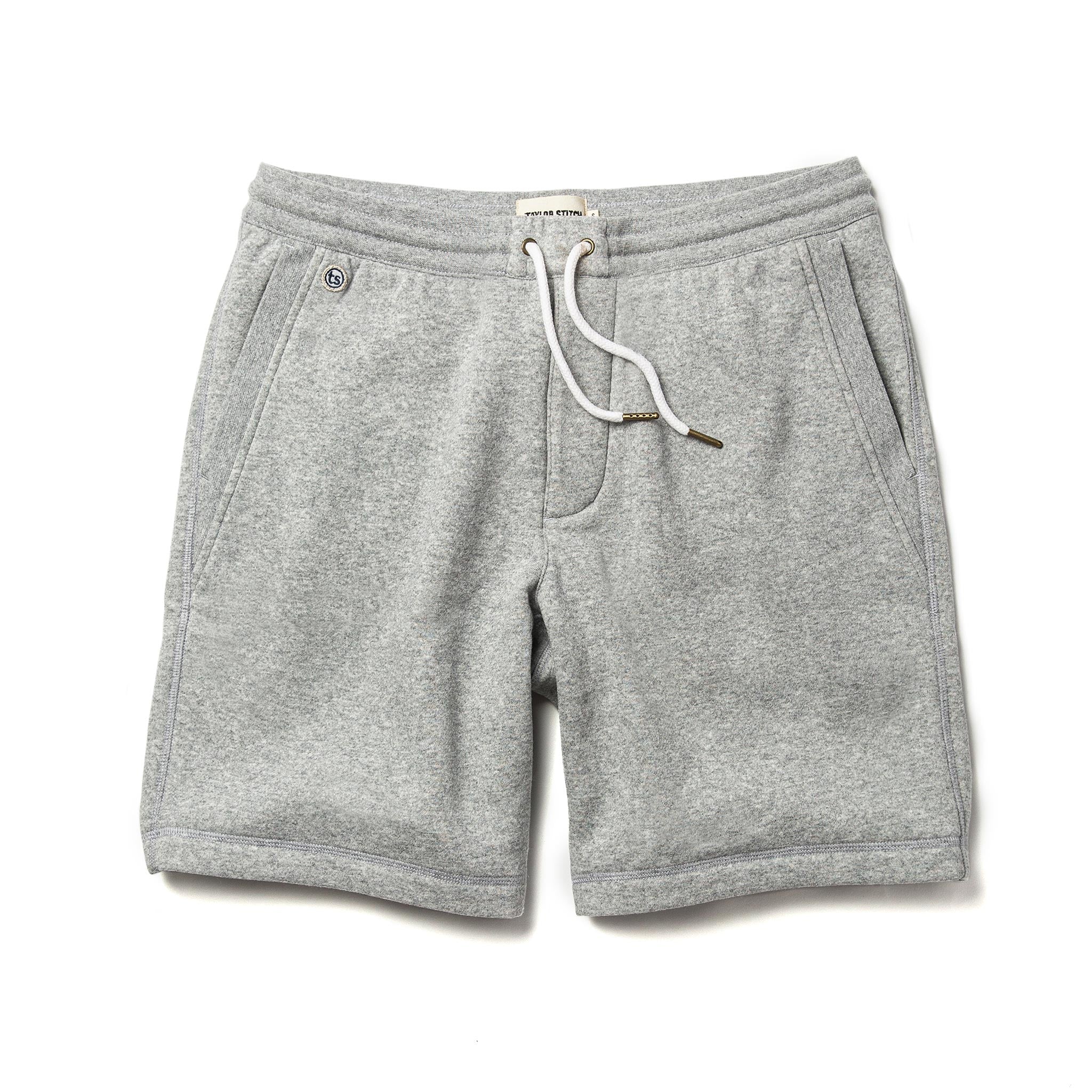 Flat shot of front of The Heavy Bag Short in Heather Grey Fleece, Pants by Taylor Stitch