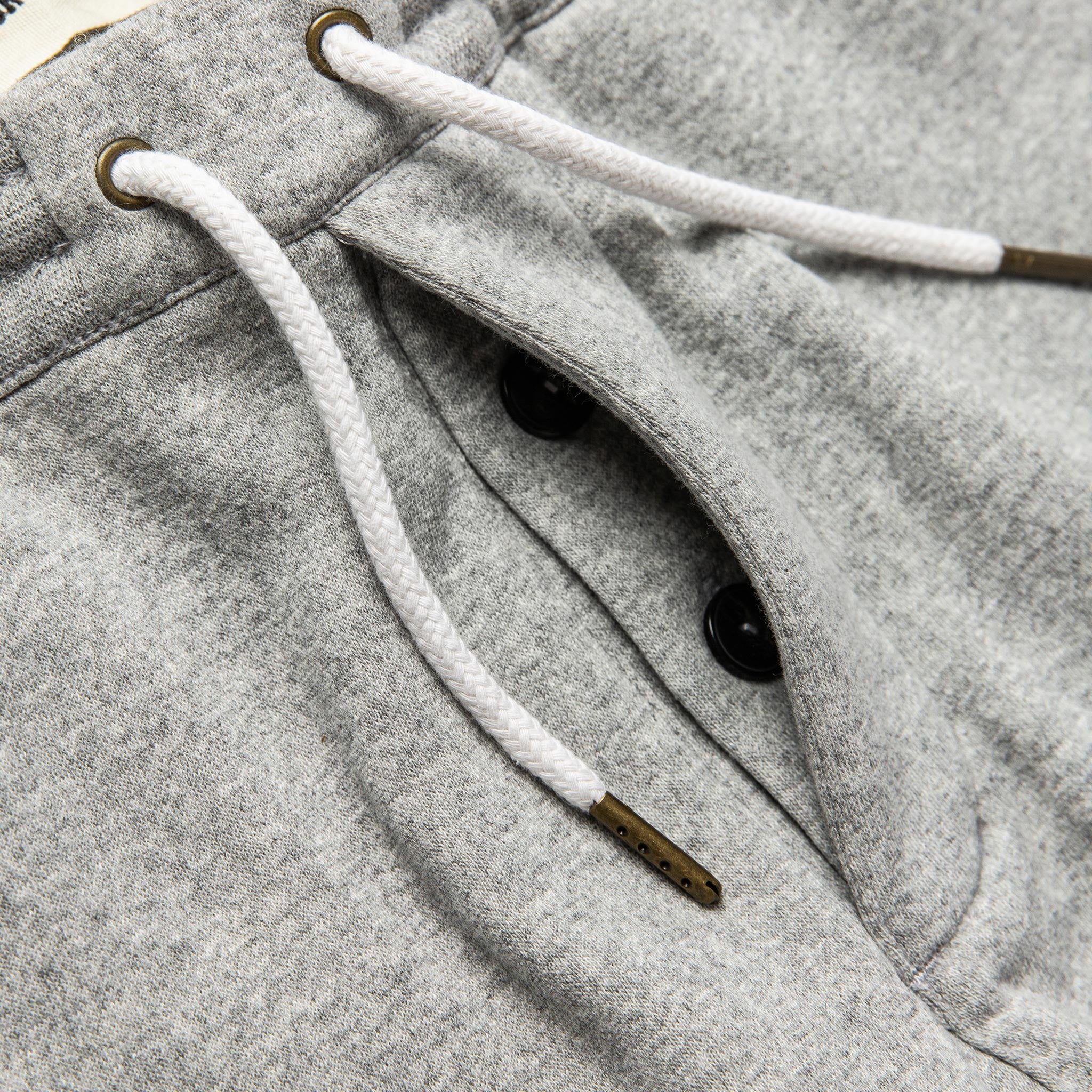 material shot of hidden button fly of The Heavy Bag Short in Heather Grey Fleece, Pants by Taylor Stitch