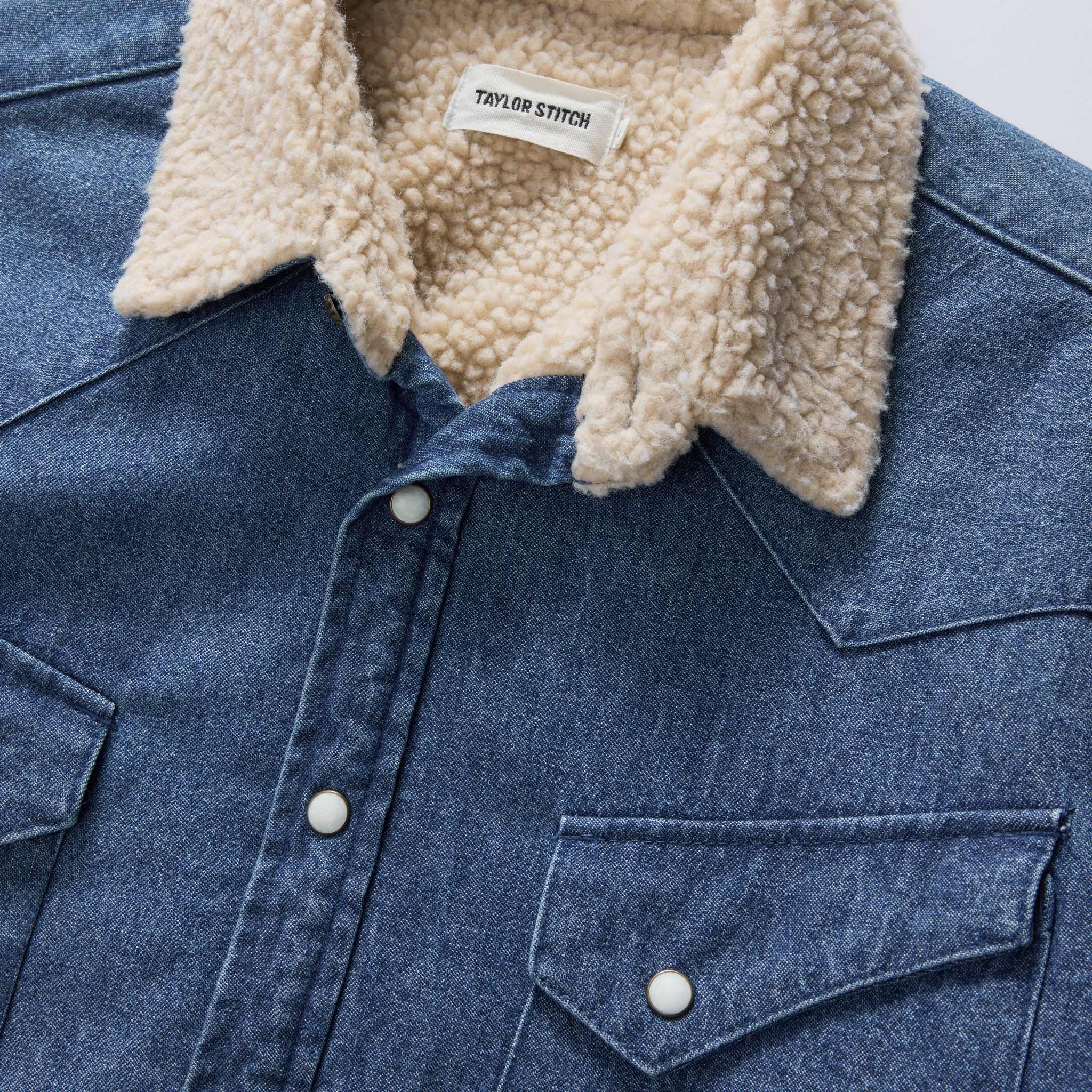material shot of the collar on The Western Shirt Jacket in Washed Indigo, Wovens by Taylor Stitch