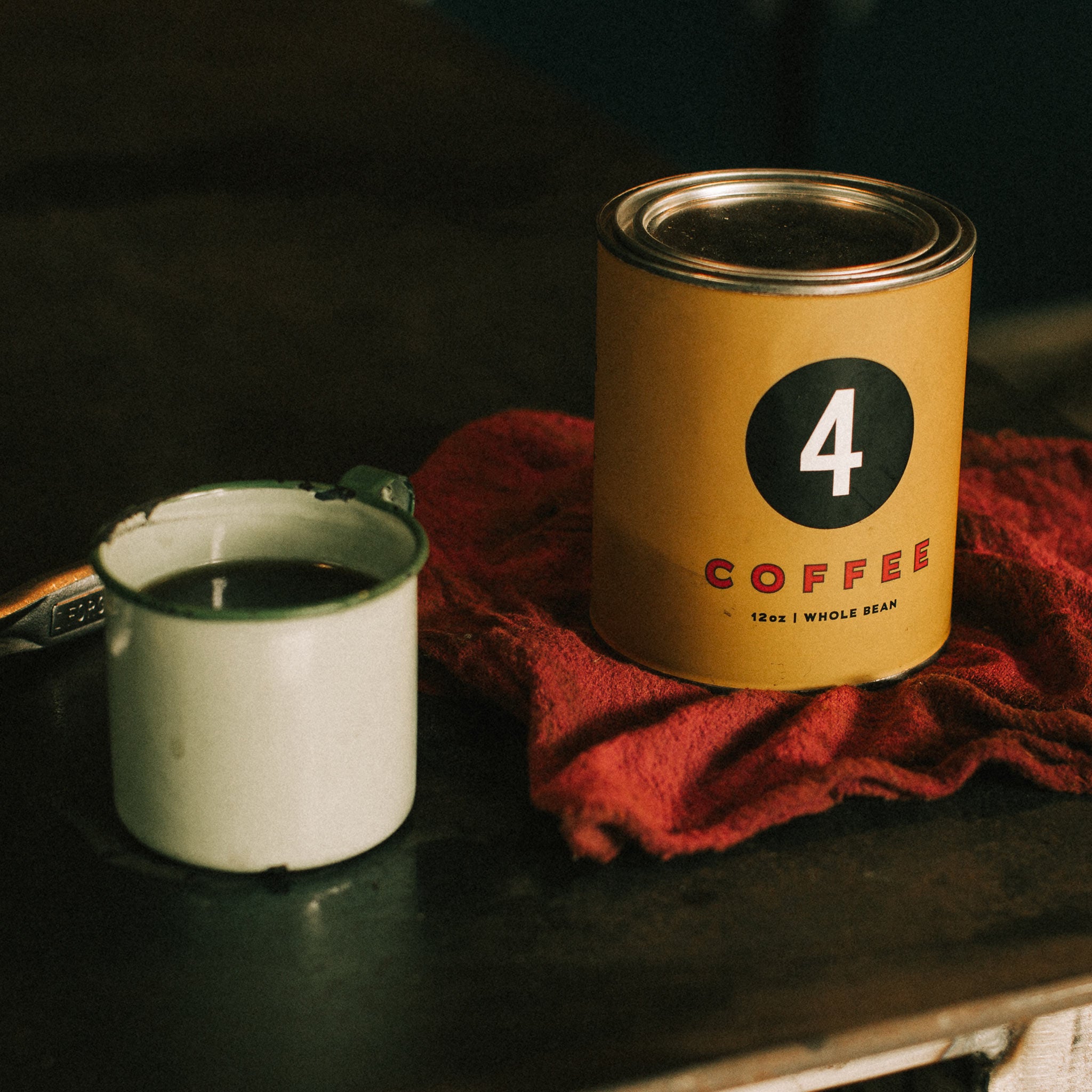 Four Coffee Tin - Sunday Motor Club Blend material shot,  by Taylor Stitch