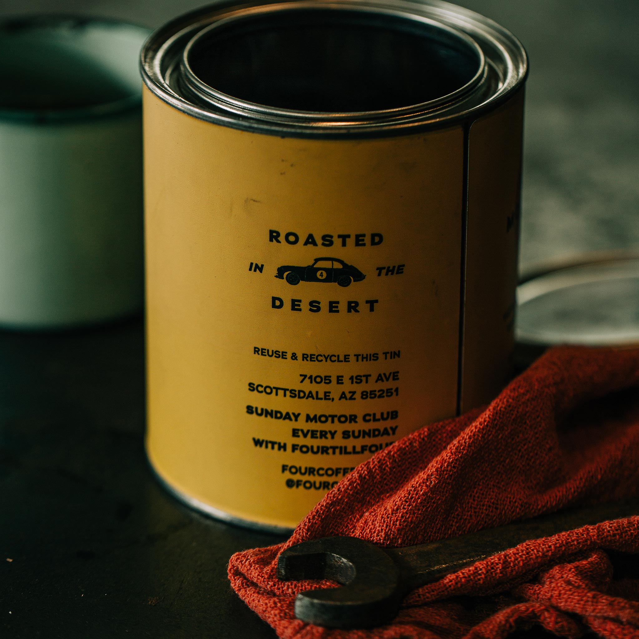 Four Coffee Tin - Sunday Motor Club Blend material shot,  by Taylor Stitch