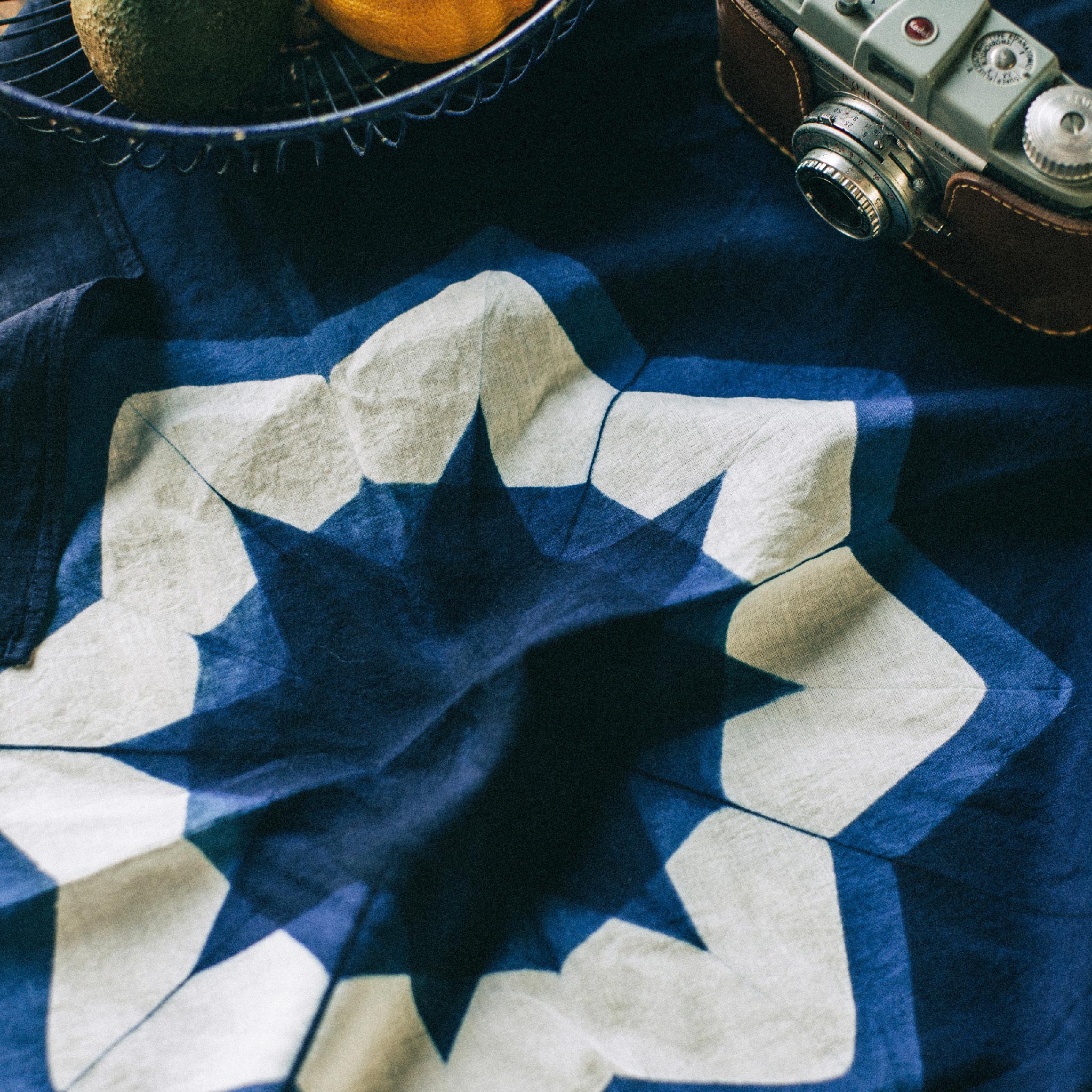 material shot of The Bandana in Natural Indigo Geo laid flat , Accessories by Taylor Stitch