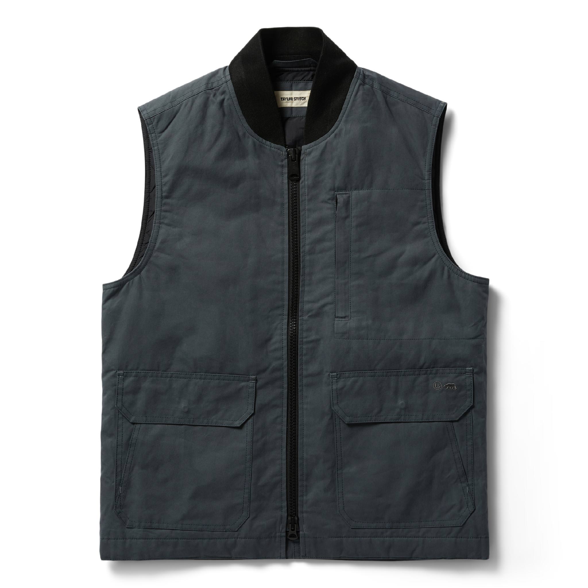 front flatlay of The Anchorage Vest in Charcoal Dry Wax, Outerwear by Taylor Stitch