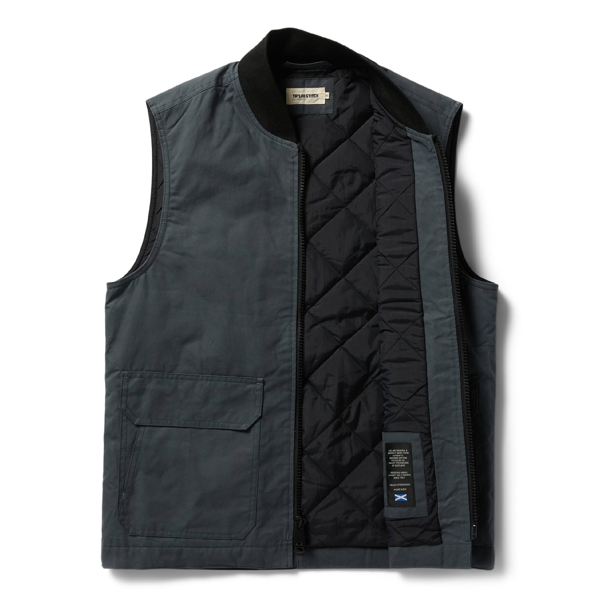 open flatlay of The Anchorage Vest in Charcoal Dry Wax, Outerwear by Taylor Stitch