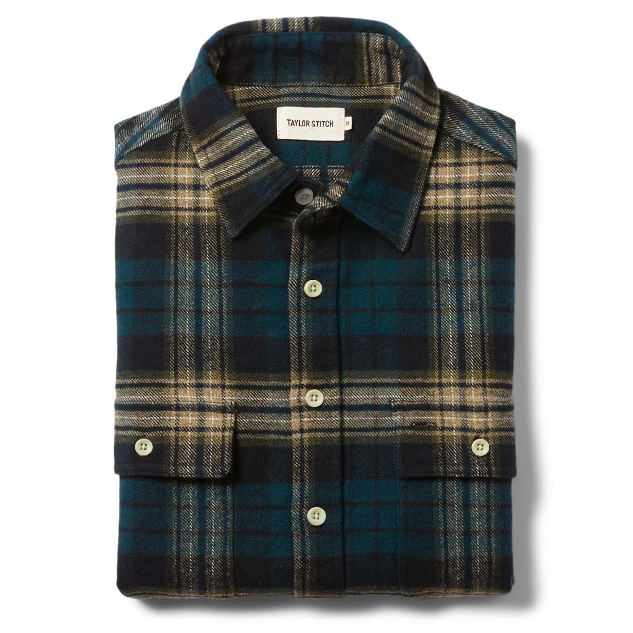 flatlay of The Ledge Shirt in Deep Sea Plaid, Wovens by Taylor Stitch