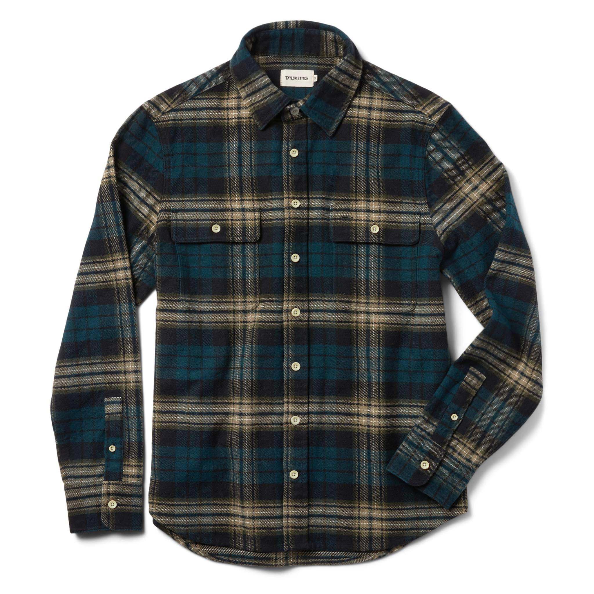 front flatlay of The Ledge Shirt in Deep Sea Plaid, Wovens by Taylor Stitch