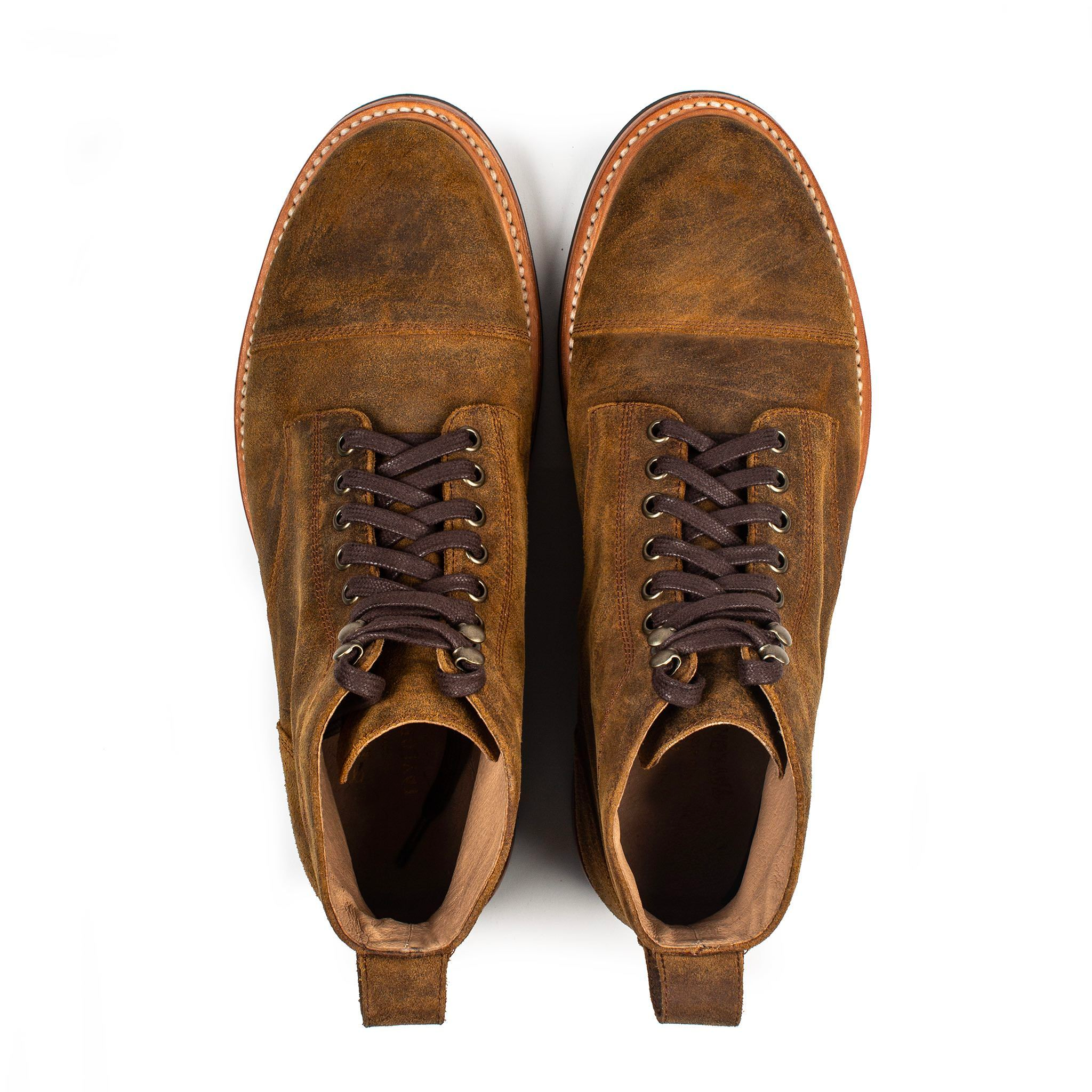 flatlay of The Moto Boot in Golden Brown Waxed Suede, shown from the top, Footwear by Taylor Stitch