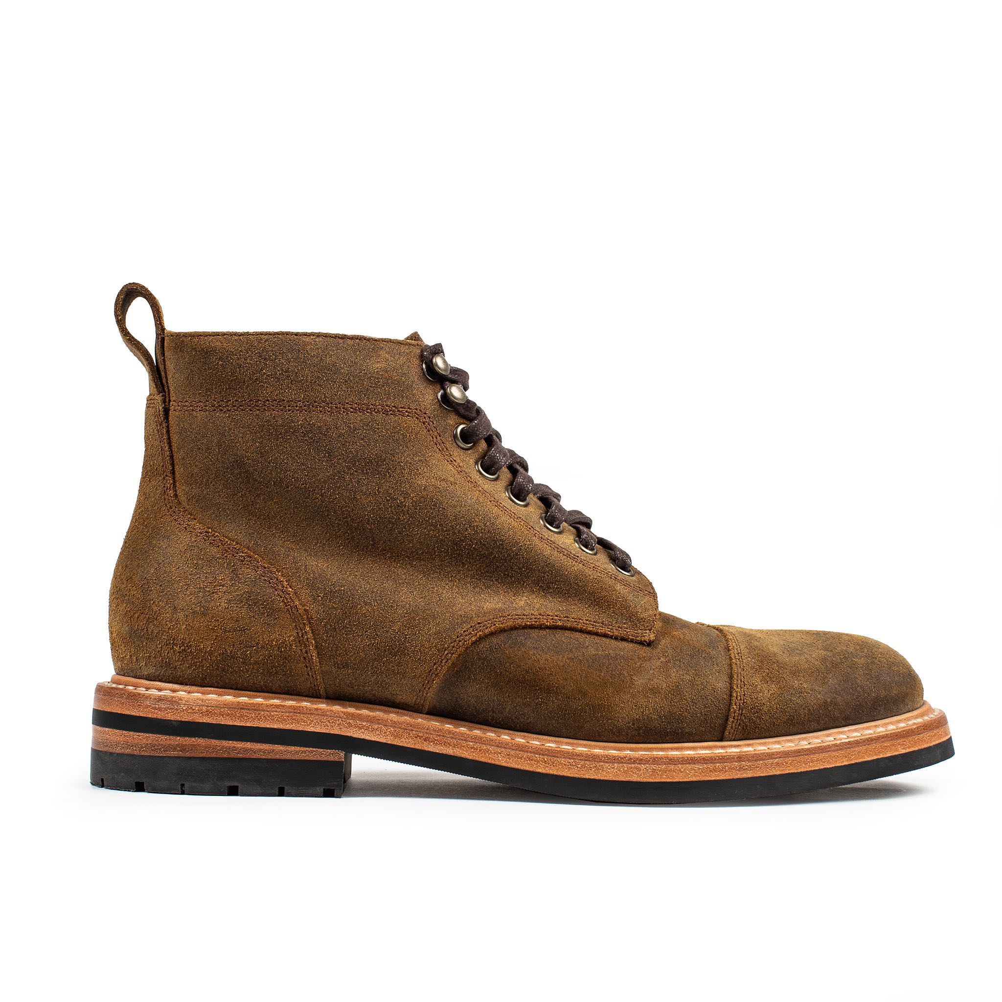 flatlay of The Moto Boot in Golden Brown Waxed Suede, shown from the side, Footwear by Taylor Stitch